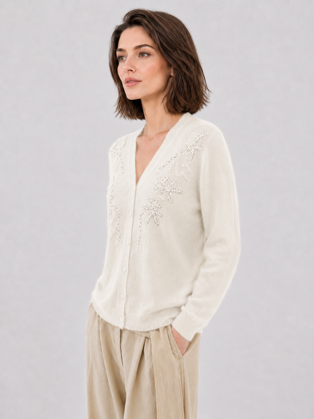 Womens Beaded Embroidery Cardigan V Neck Button Down Knit Sweater Ivory Soft Ladies Knitwear Autumn Winter Coat
