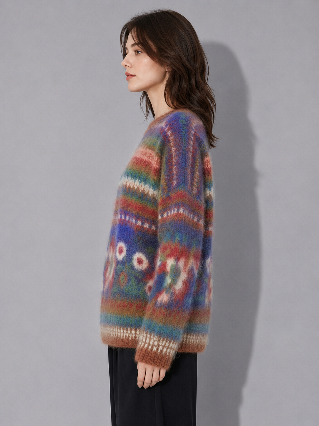 Fall/Winter New Vintage Pure Wool Flowers Crew Neck Sweater Full Sleeve Women's Brushed Jacquard Pullover Top