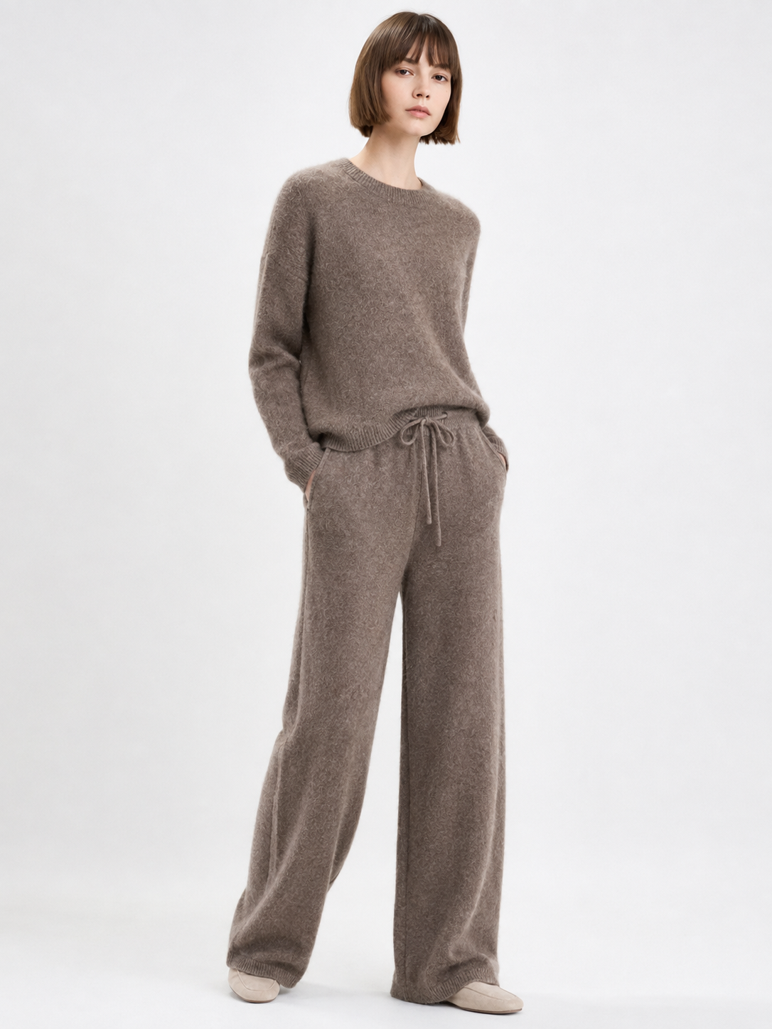Womens Knit Sweater and Wide Leg Pants Set Round Neck Pullover Drawstring Trousers Ladies Autumn Winter Two Piece Knitwear