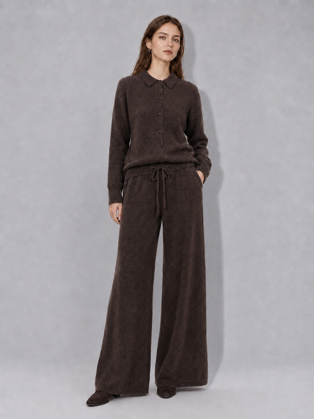 Womens Knit Polo Cardigan and Wide Leg Pants Set Button Down Collar Sweater Ladies Autumn Winter Two Piece Knitwear Suit