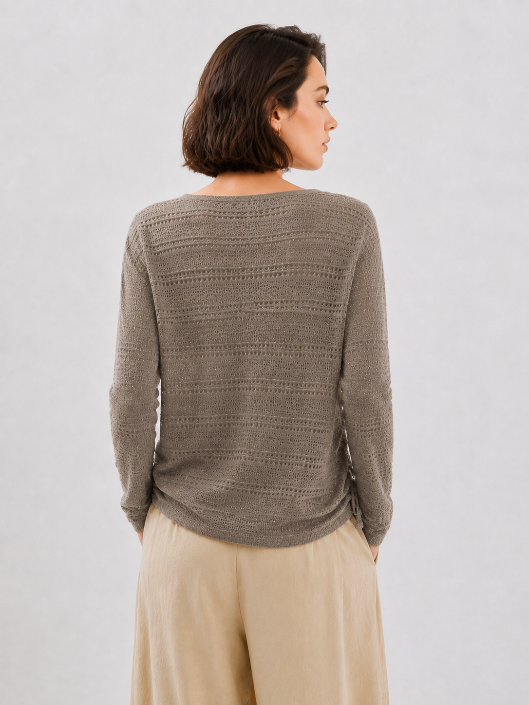 Womens Pointelle Knit Sweater V Neck Loose Pullover Taupe Lightweight Openwork Ladies Jumper Spring Autumn Knitwear
