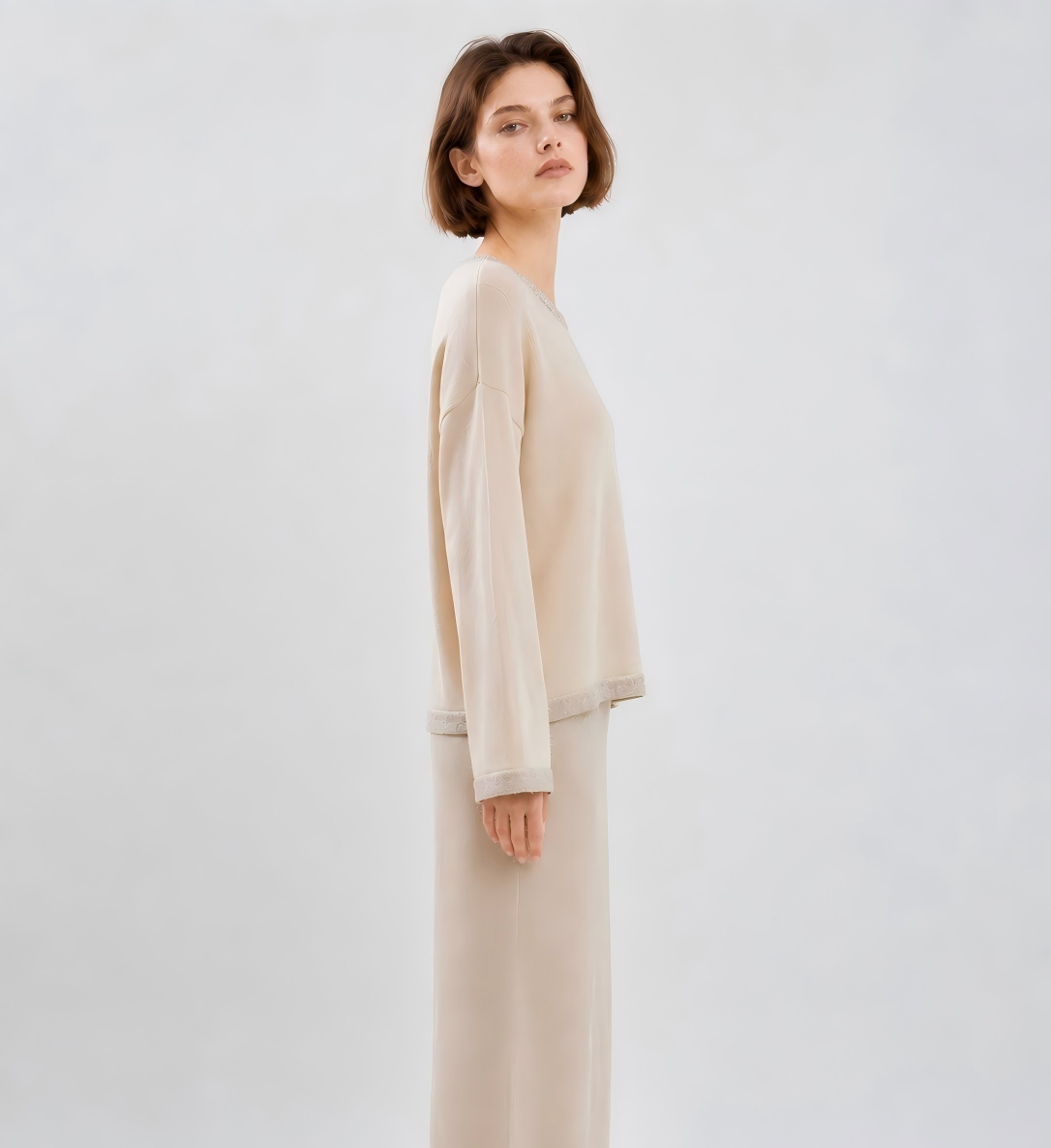 Shimmer Lurex Knit Two Piece Set Women Beige Crew Neck Sweater Maxi Skirt Elegant Modest Quiet Luxury Outfit Suit