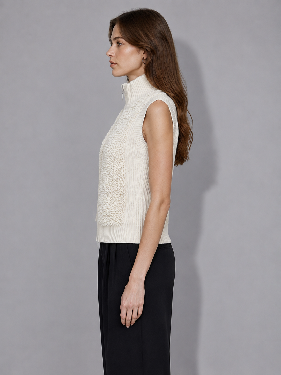 Womens Sleeveless Knit Vest Zip Up Stand Collar Textured Sweater Gilet Ladies Slim Fit Autumn Winter Knitted Waistcoat