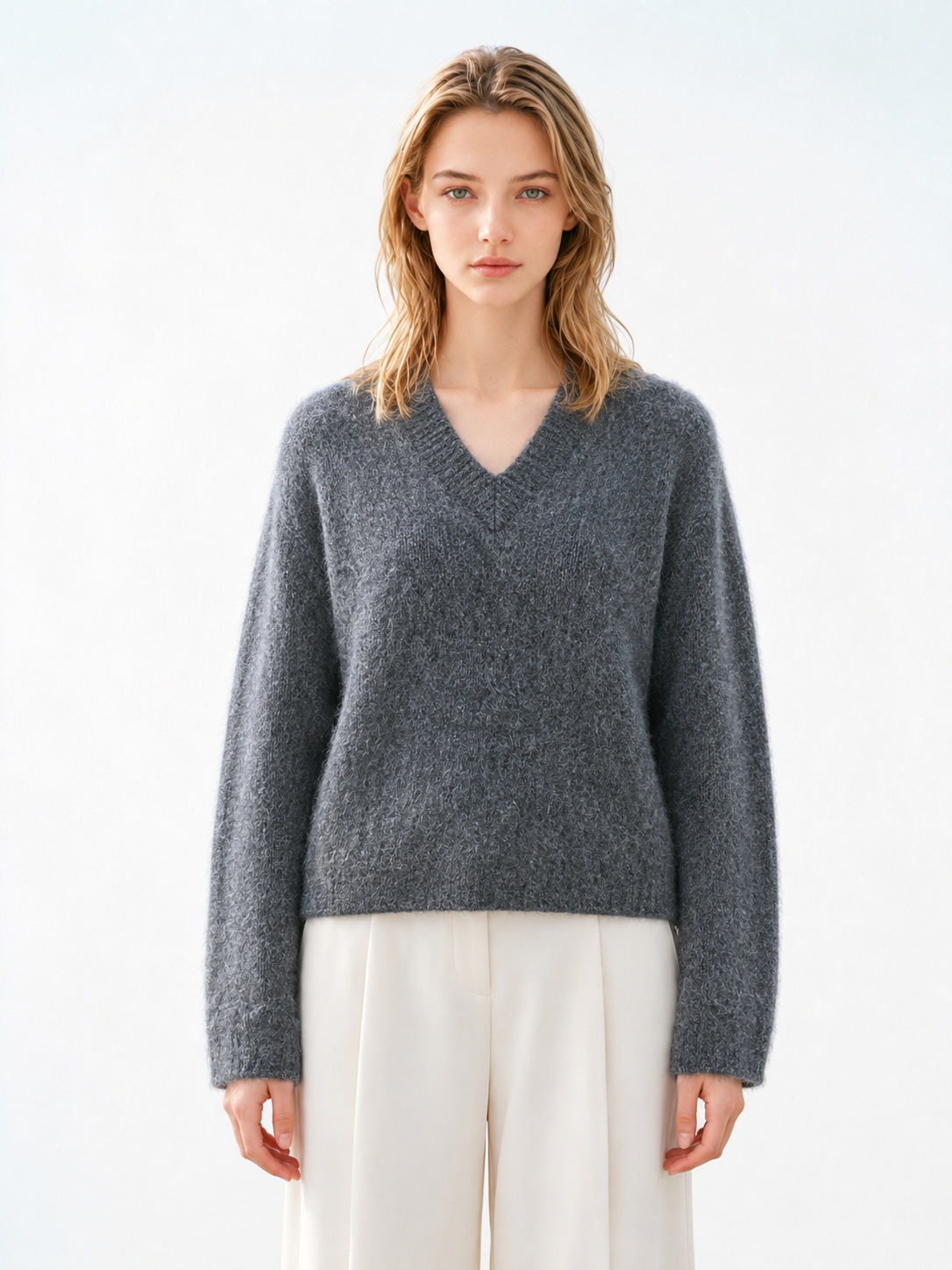 Women Fluffy Knit Sweater V Neck Wool Blend Pullover Ladies Heather Grey Jumper Cozy Warm Autumn Winter Knit Top