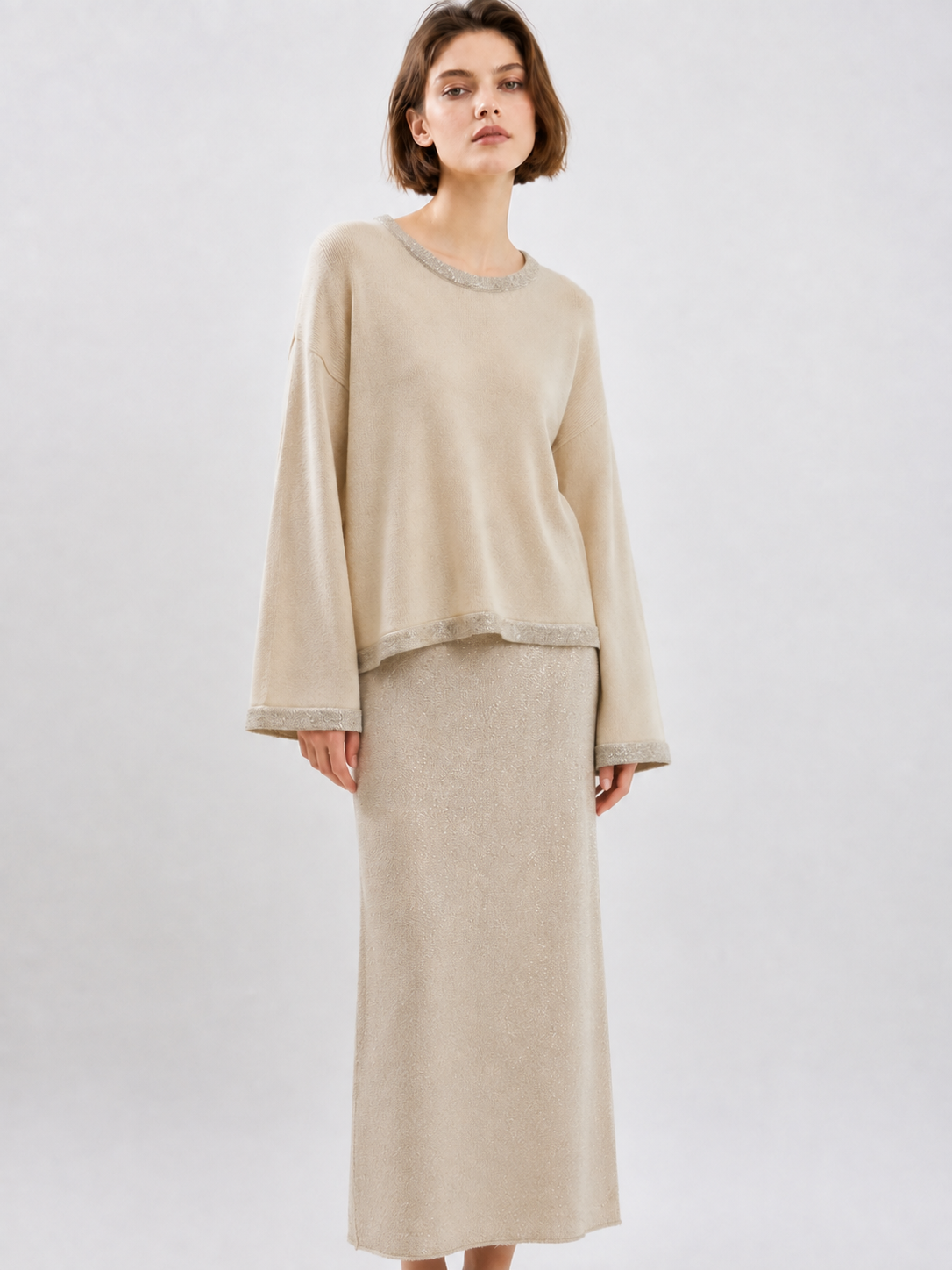 Shimmer Lurex Knit Two Piece Set Women Beige Crew Neck Sweater Maxi Skirt Elegant Modest Quiet Luxury Outfit Suit