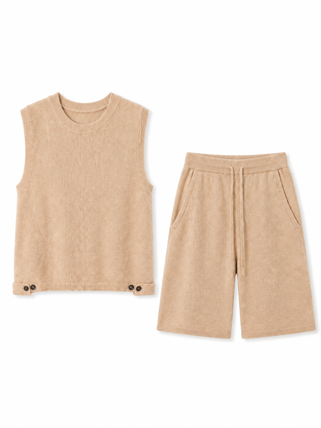 Women Knit Two Piece Set Sleeveless Tank Top and Drawstring Bermuda Shorts Beige Casual Lounge Outfit for Summer