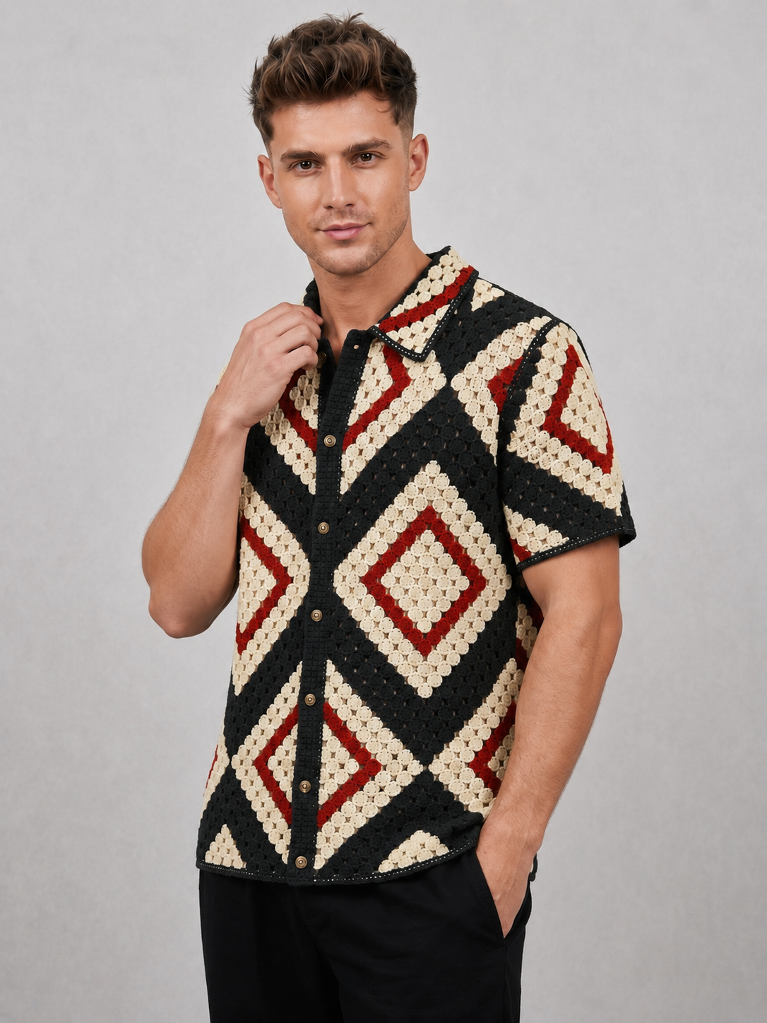 Vintage Geometric Crochet Knit Button-Up Shirt