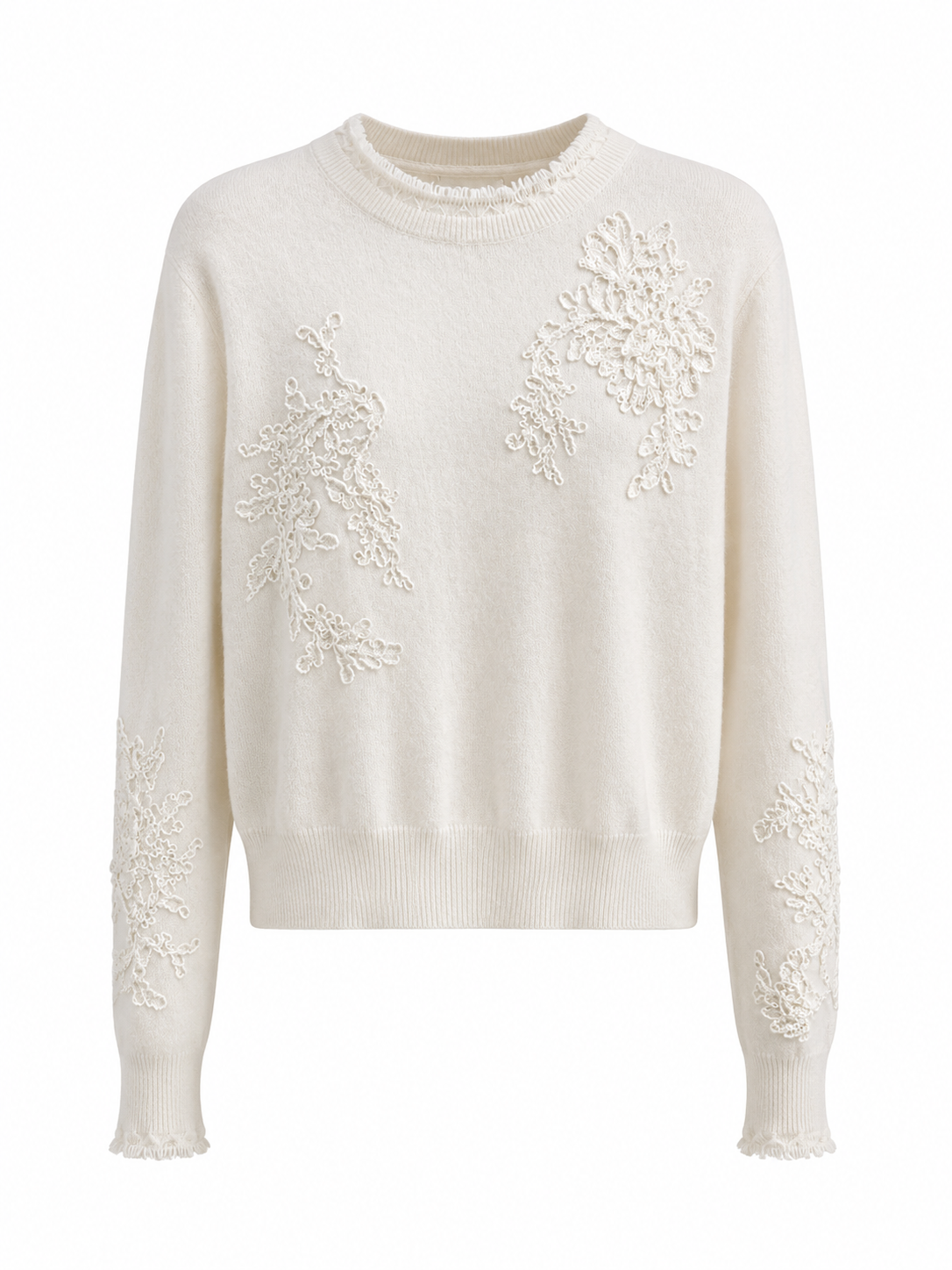 Custom OEM ODM Crewneck Cashmere Sweater Women Floral Embroidery Neckline Soft Premium Cashmere Knit Jumper