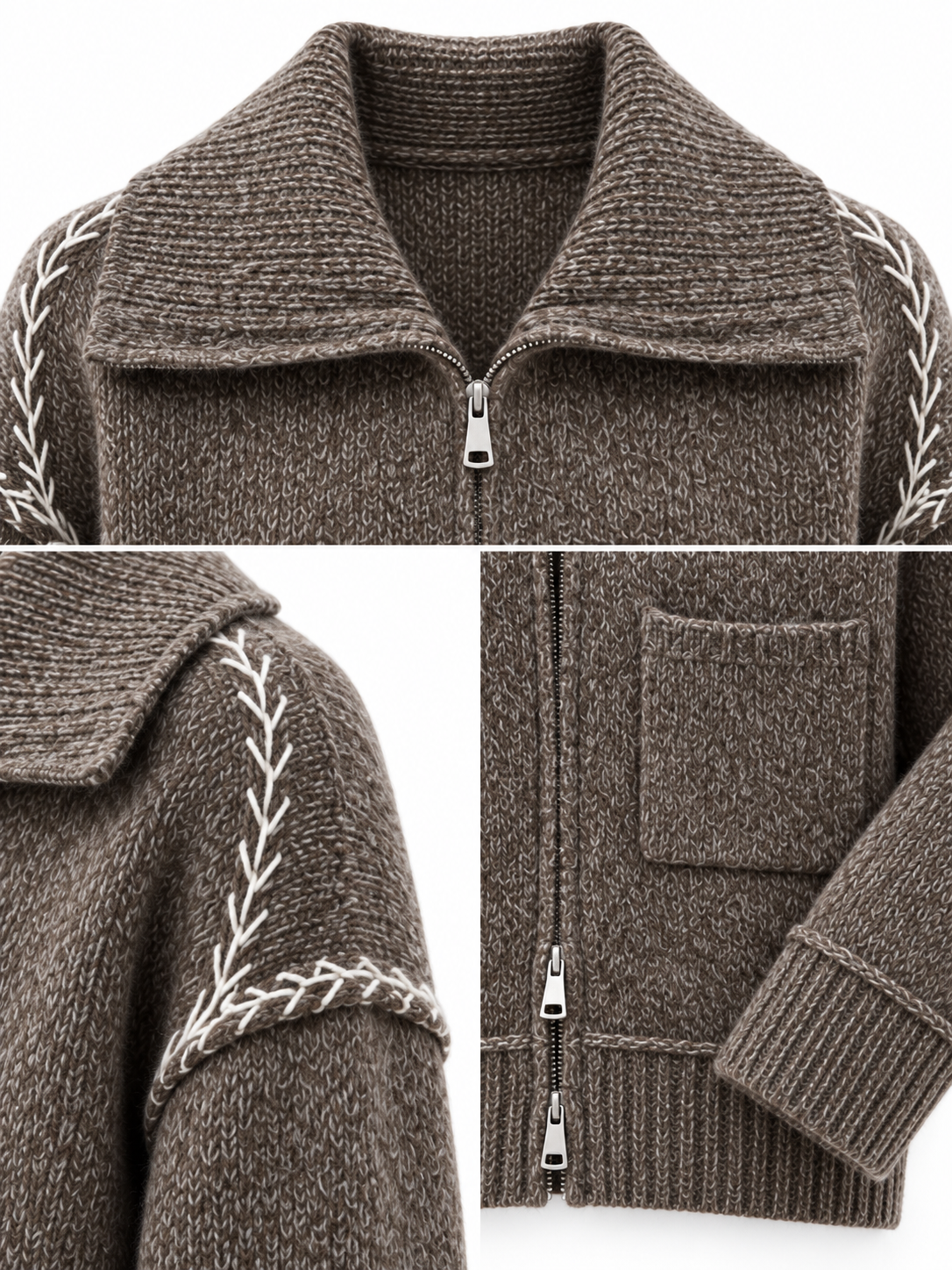 Women's Oversized Zip Up Knit Cardigan with Turn Down Collar Chest Pocket Long Sleeve Quiet Luxury Sweater Jacket