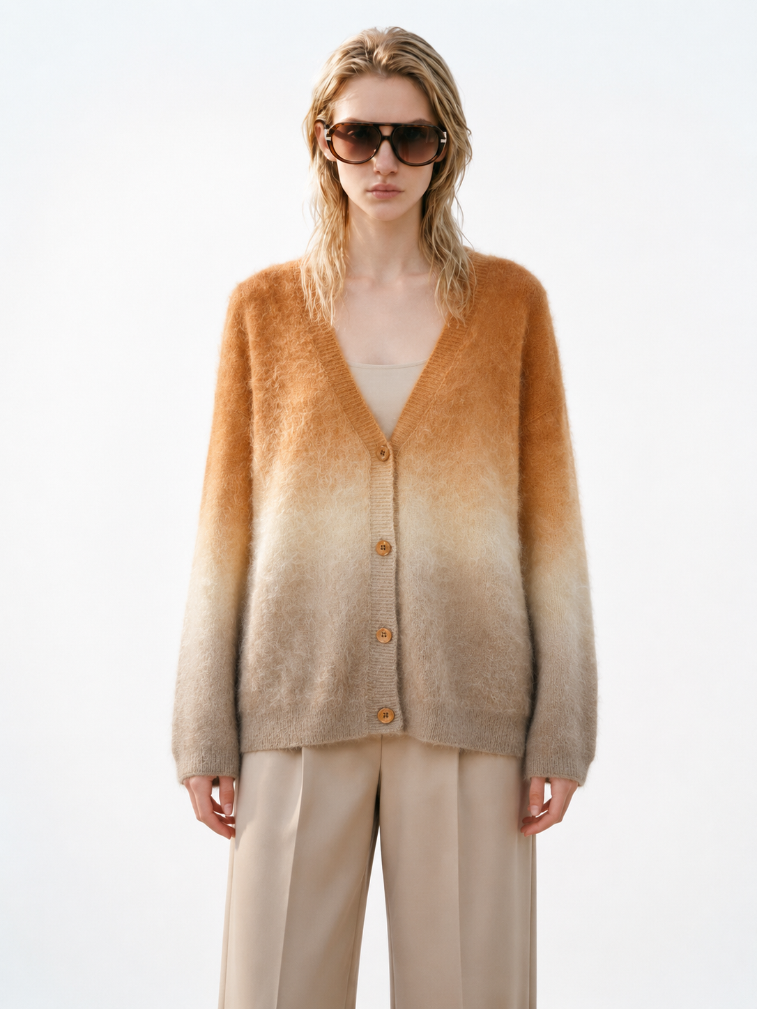 Ombre Gradient Mohair Cardigan Women Caramel Fuzzy Knit V Neck Oversized Drop Shoulder Button Up Fluffy Sweater Coat