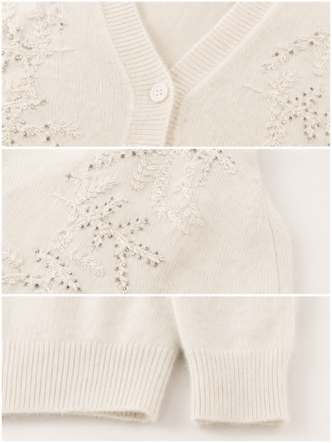 Womens Beaded Embroidery Cardigan V Neck Button Down Knit Sweater Ivory Soft Ladies Knitwear Autumn Winter Coat