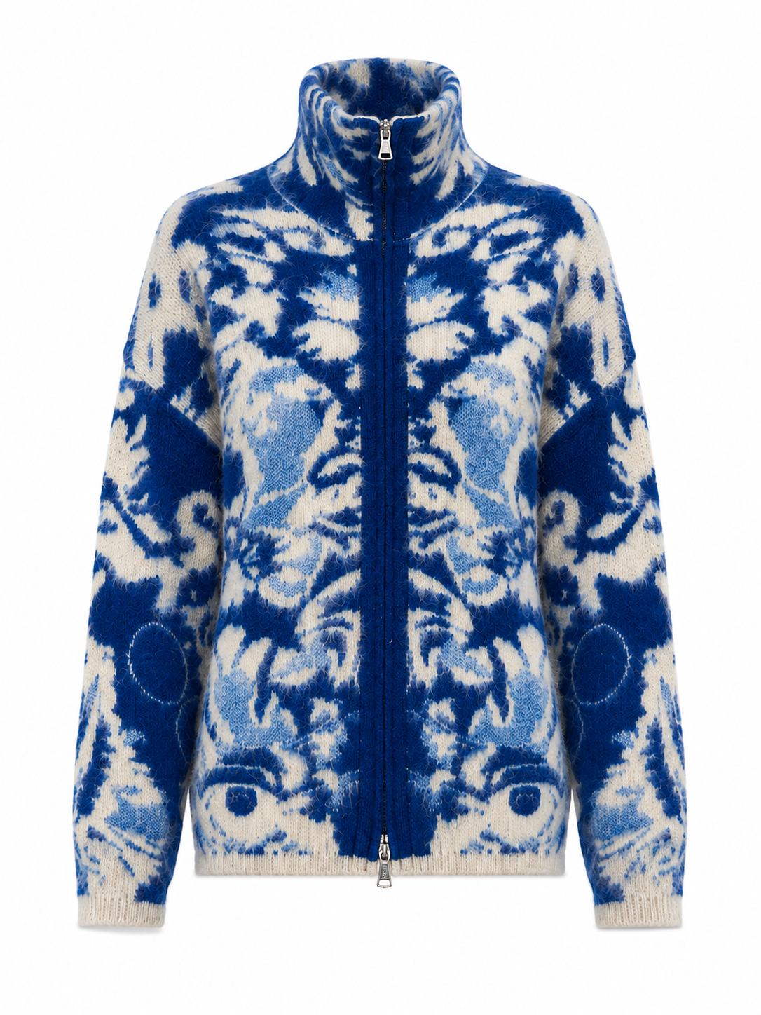 Women’s Artistic Blue & Ivory Jacquard Zip-Up Sweater Soft Brushed High-Neck Cardigan