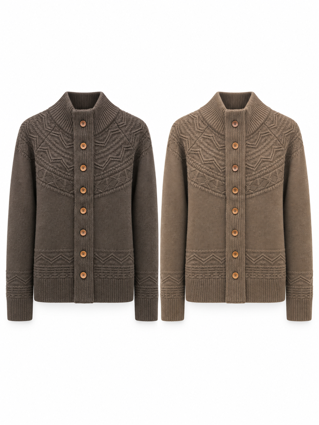 Women's Mock Neck Button Up Knit Cardigan Long Sleeve Textured Sweater Jacket with Geometric Pattern and Ribbed Trim