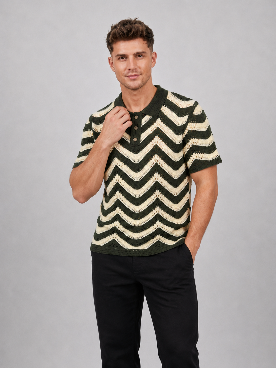 Vintage Crochet Jacquard Knit Polo Cardigan Shirt for Men