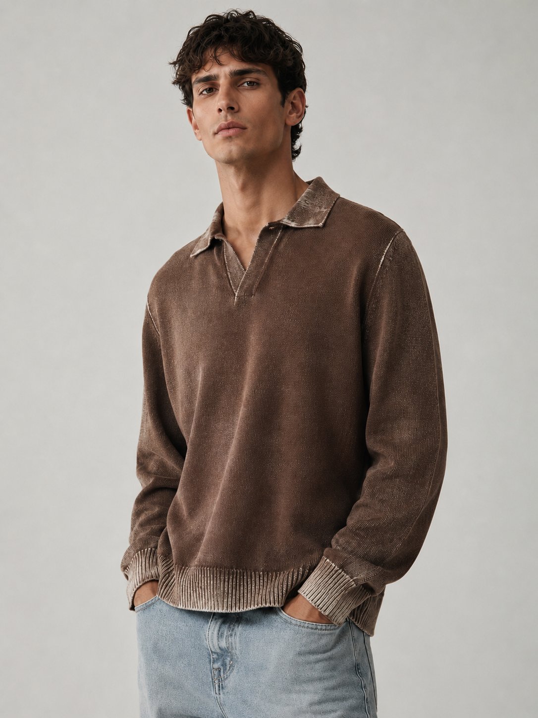 Men's Luxury Brown Polo Neck Knit Sweater Oversized Fit Casual Pullover Vintage Style Winter Jumper