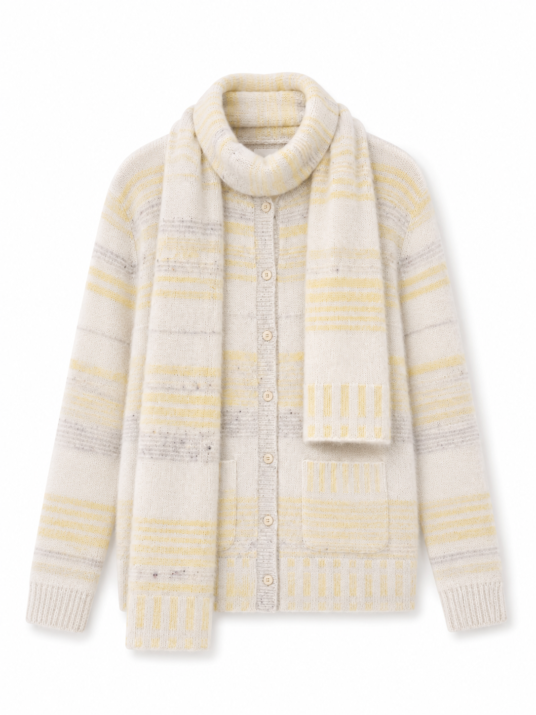 Women Knit Cardigan Set Striped Fuzzy Mohair Sweater Jacket with Matching Scarf Yellow Soft Knitwear for Autumn
