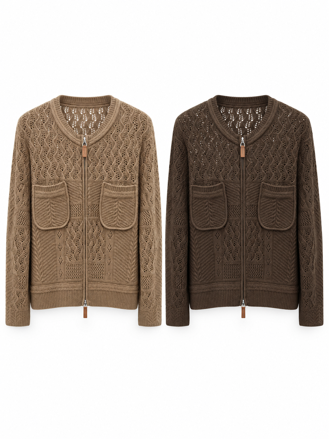 Women's Cable Knit Cardigan Crew Neck Zip Up Sweater Jacket with Four Patch Pockets Long Sleeve Casual Knitwear