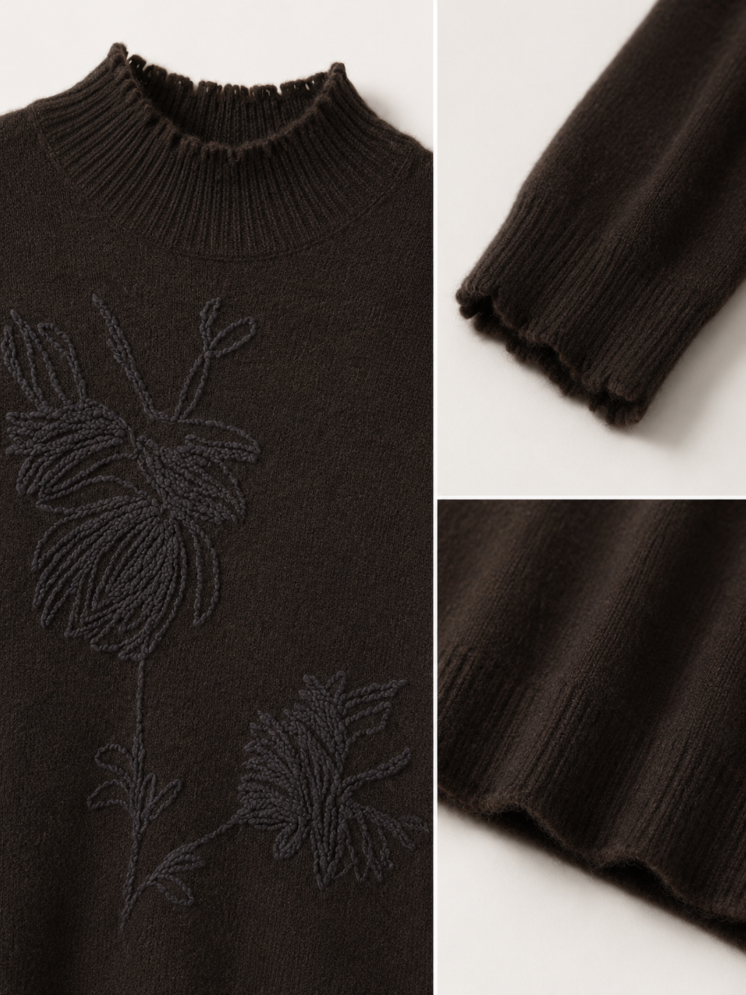 Women's high-neck embroidered luxurious wool and cashmere blend cardigan for large size, with matching floral jacquard pattern