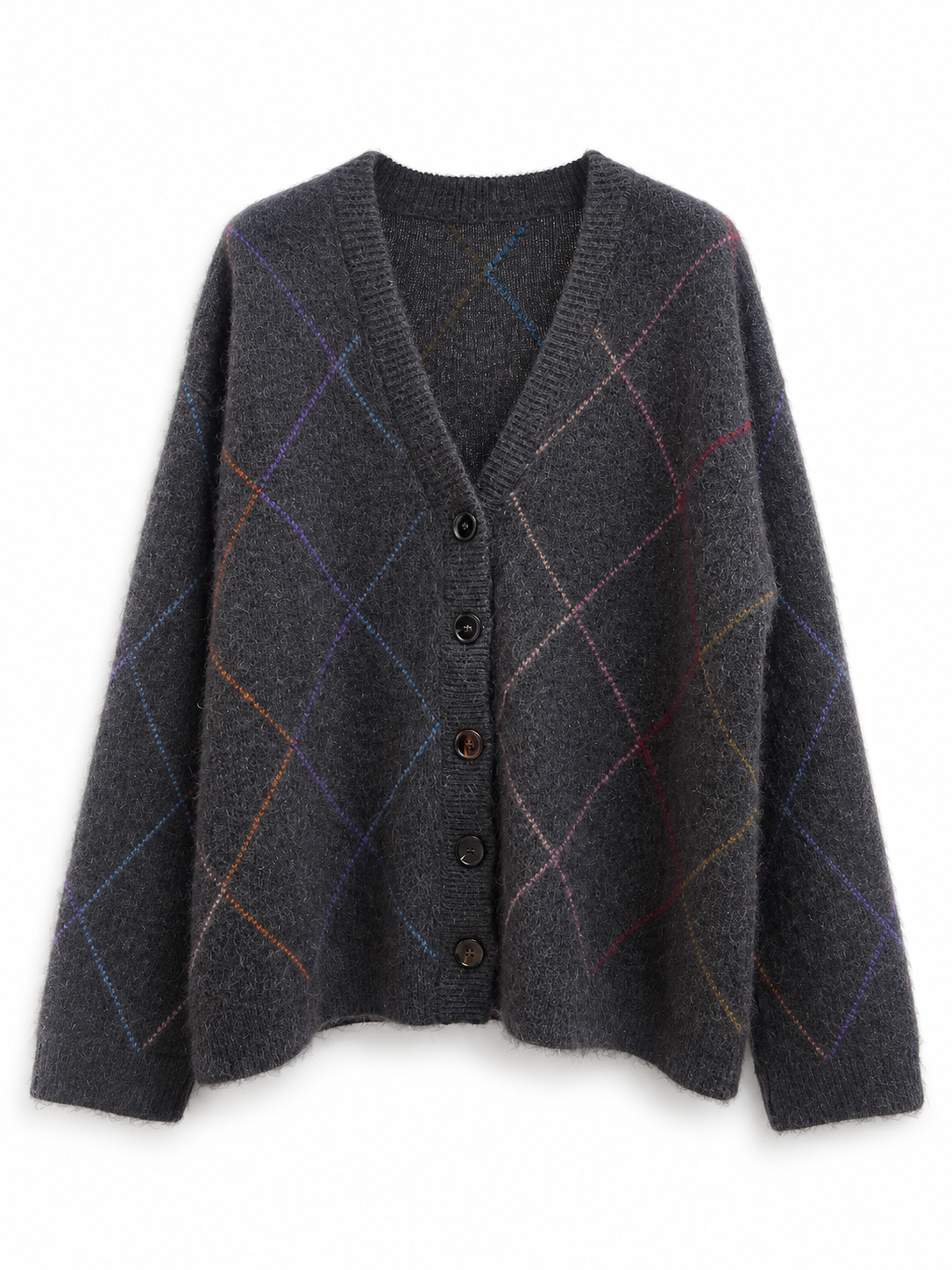 Womens Argyle Knit Cardigan V Neck Button Down Oversized Sweater Ladies Long Sleeve Autumn Winter Knitted Jumper Coat