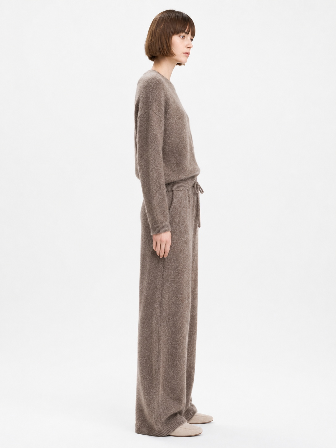 Womens Knit Sweater and Wide Leg Pants Set Round Neck Pullover Drawstring Trousers Ladies Autumn Winter Two Piece Knitwear