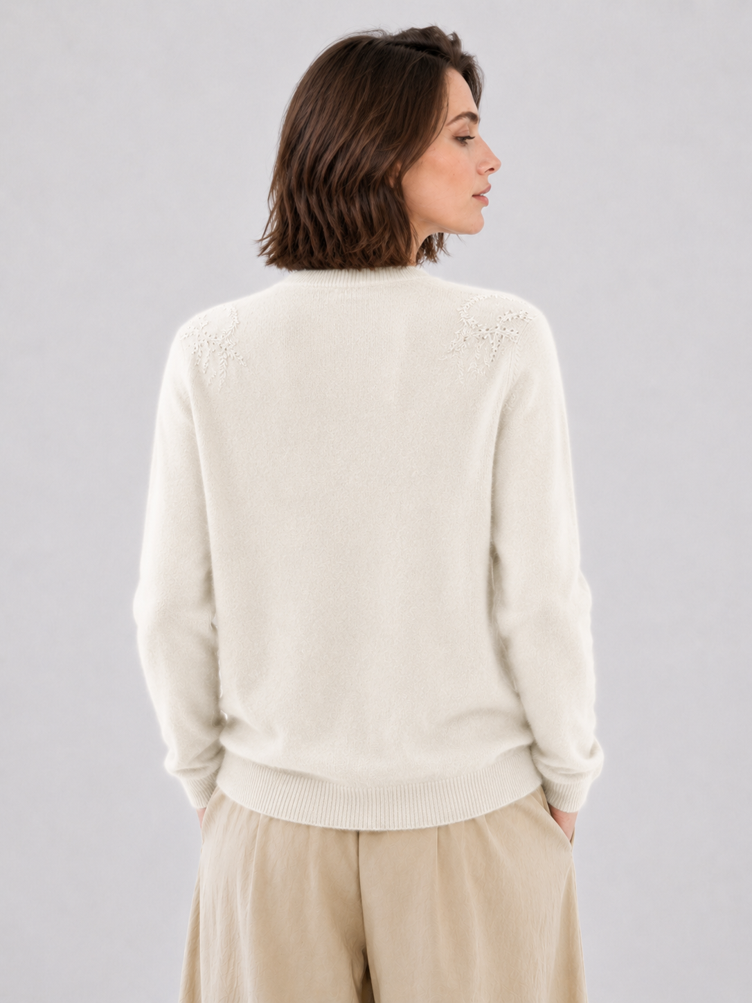 Womens Beaded Embroidery Cardigan V Neck Button Down Knit Sweater Ivory Soft Ladies Knitwear Autumn Winter Coat