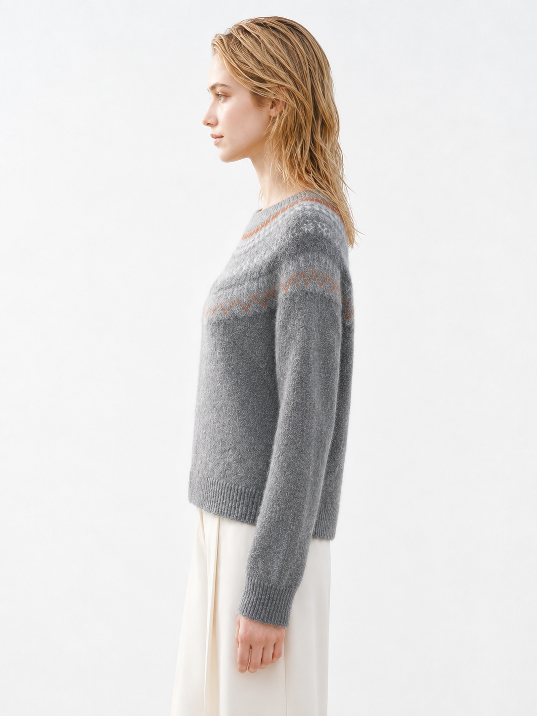 Women Fair Isle Sweater Nordic Jacquard Yoke Knit Pullover Ladies Crew Neck Fuzzy Jumper Grey Winter Knitwear
