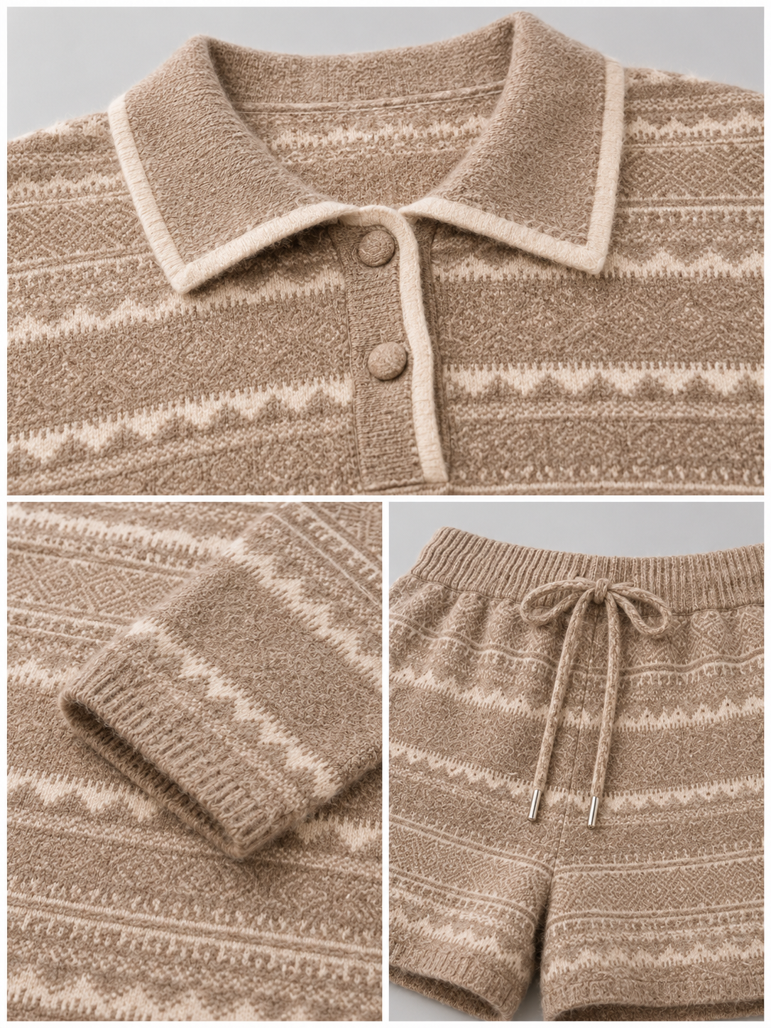 Women Fair Isle Knit Two Piece Set Polo Collar Button Sweater and Drawstring Shorts Beige Jacquard Lounge Outfit