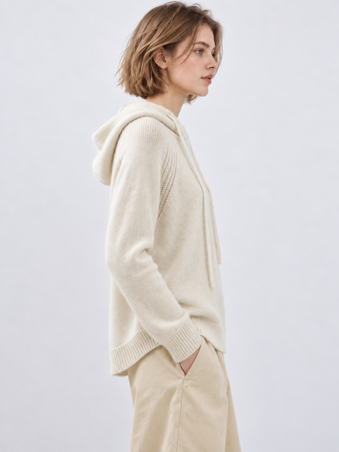 Women's Hooded Knit Sweater Long Sleeve Drawstring Pullover with Ribbed Raglan Detail Relaxed Fit Casual Jumper