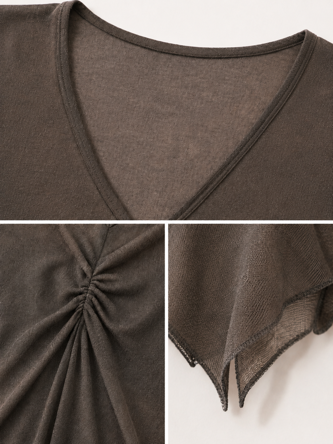 Women Twist Front Knit Top V Neck Long Sleeve Ruched Crop Sweater Slim Fit Washed Olive Grey Pullover Casual Layering Tee