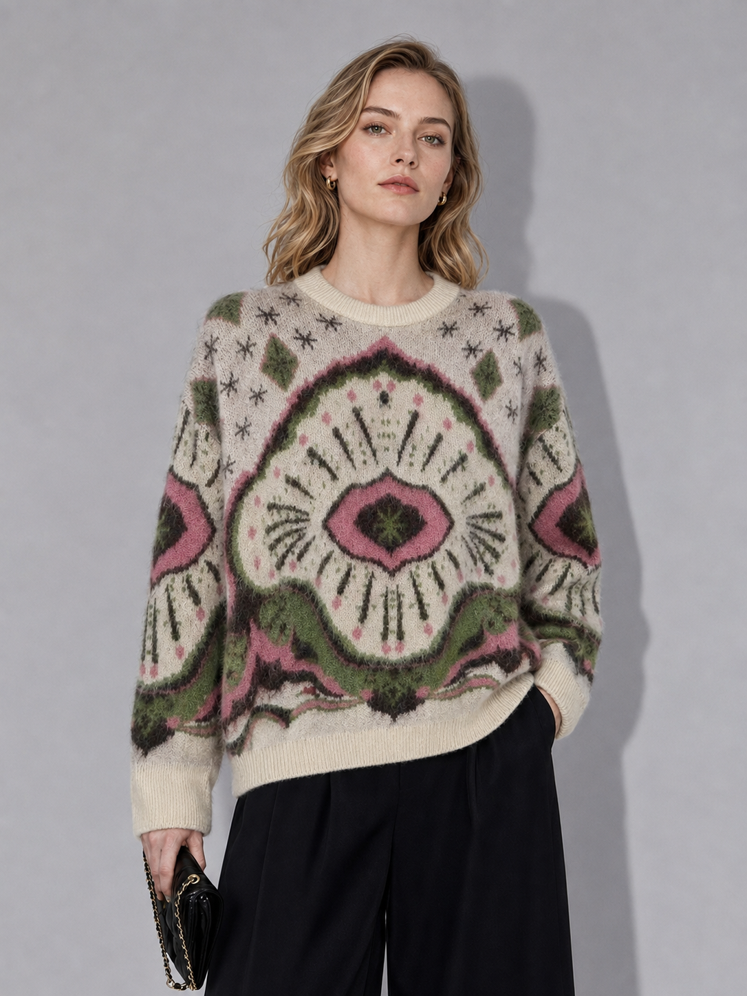 Women's vintage country-themed knit pullover sweater, casual long-sleeved loose oversized sweater