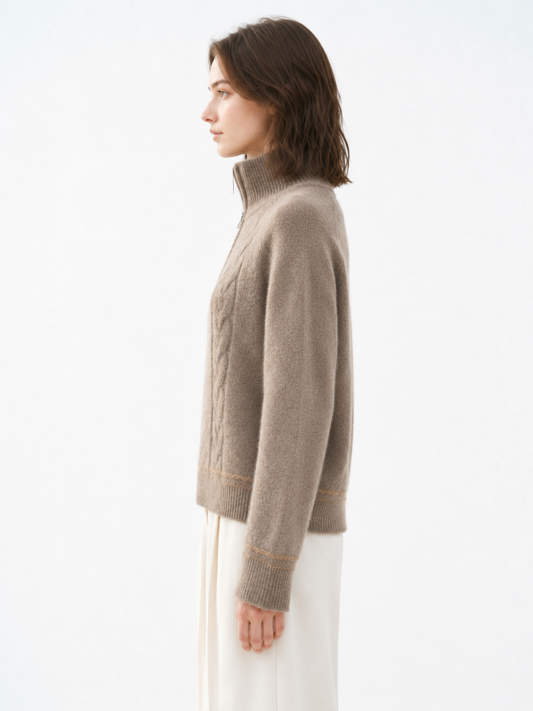 Women Quarter Zip Sweater Mock Neck Cable Knit Pullover Ladies Stand Collar Taupe Mocha Jumper Autumn Winter Knitwear
