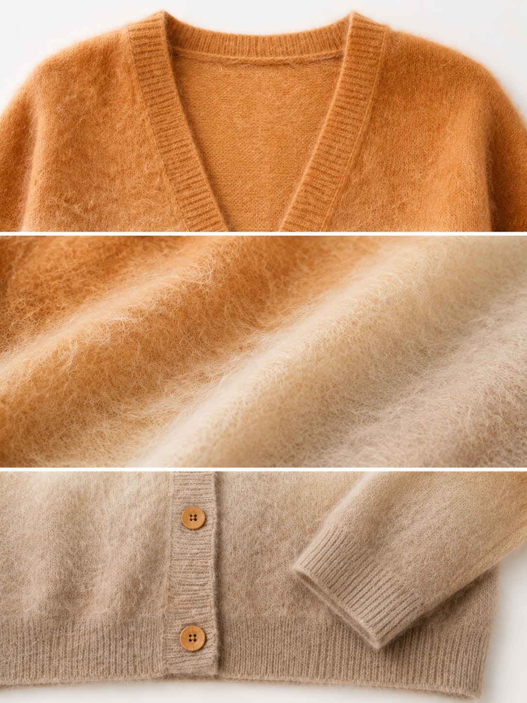 Ombre Gradient Mohair Cardigan Women Caramel Fuzzy Knit V Neck Oversized Drop Shoulder Button Up Fluffy Sweater Coat