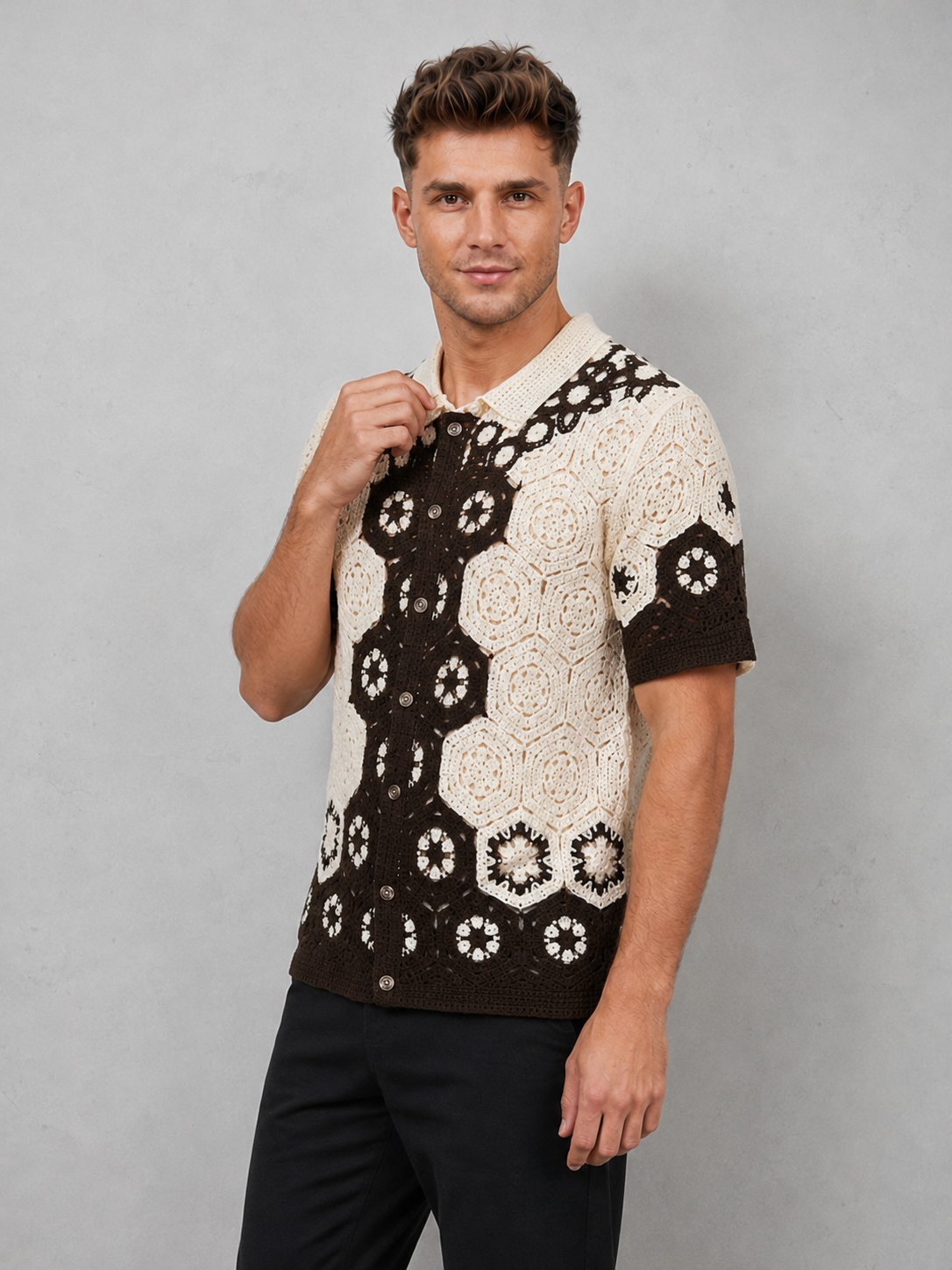 Men's Hollow Out Crochet Knit Polo Shirt Floral Embroidery Cardigan Shirts