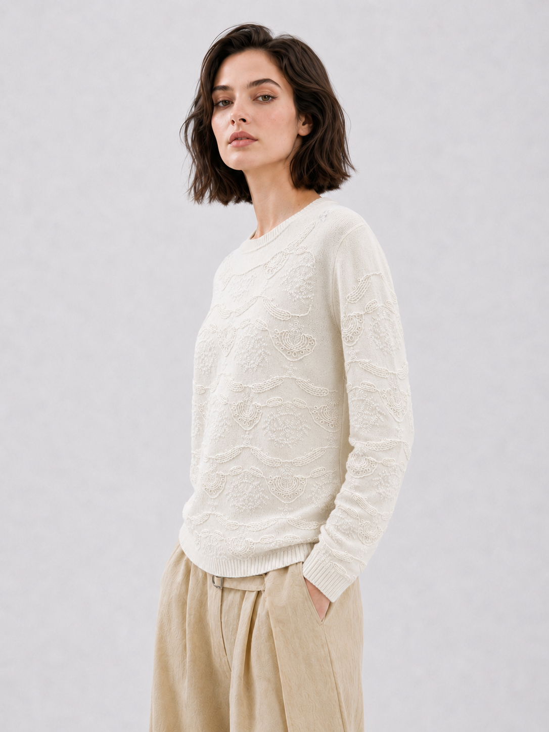 Womens Textured Wave Pointelle Knit Sweater Crew Neck Pullover Ivory Loose Fit Ladies Jumper Autumn Winter Knitwear