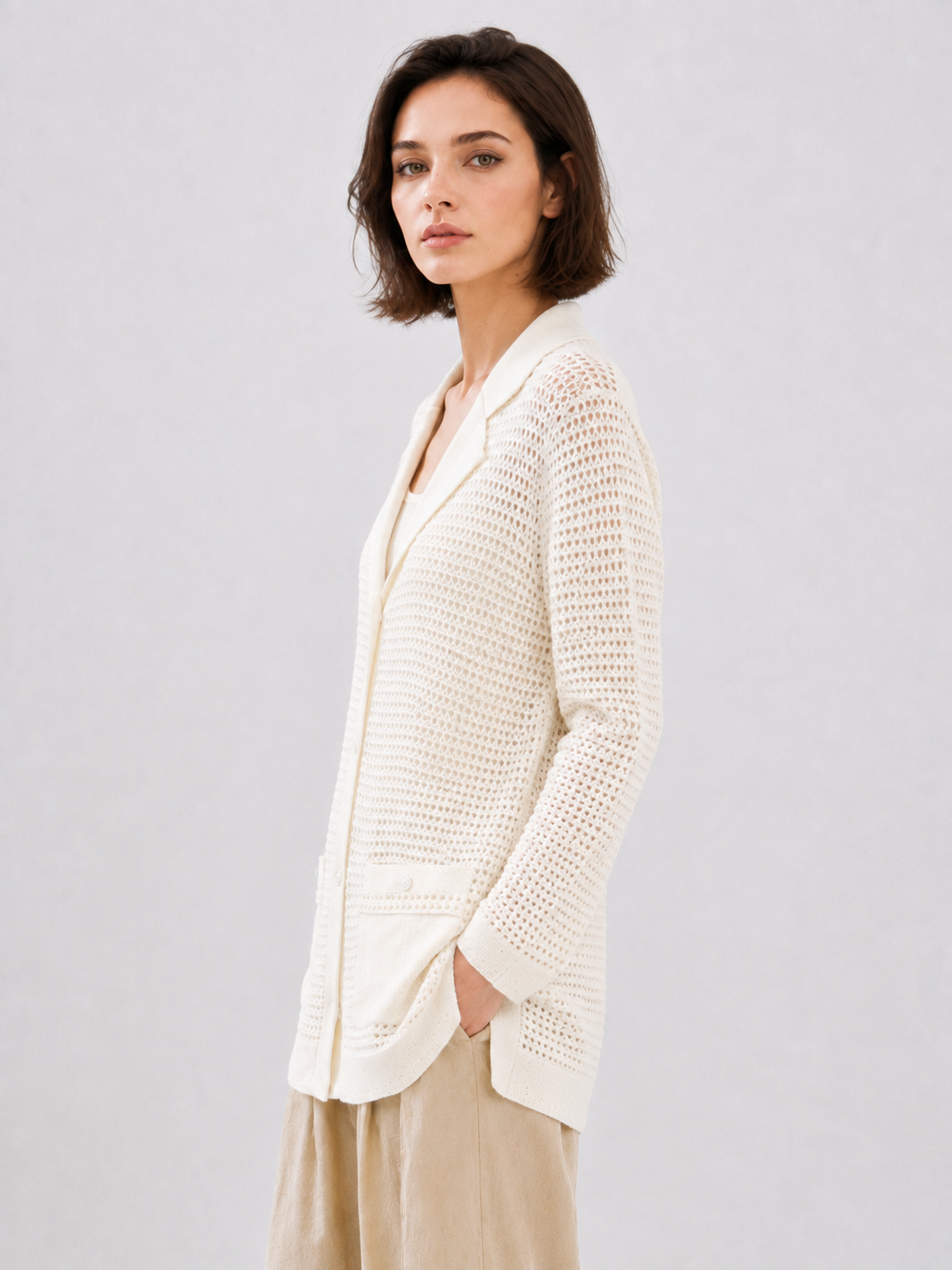 Womens Crochet Knit Cardigan Lapel Collar Button Front Mesh Hollow Out Cream Long Ladies Shirt Jacket Beach Cover Up