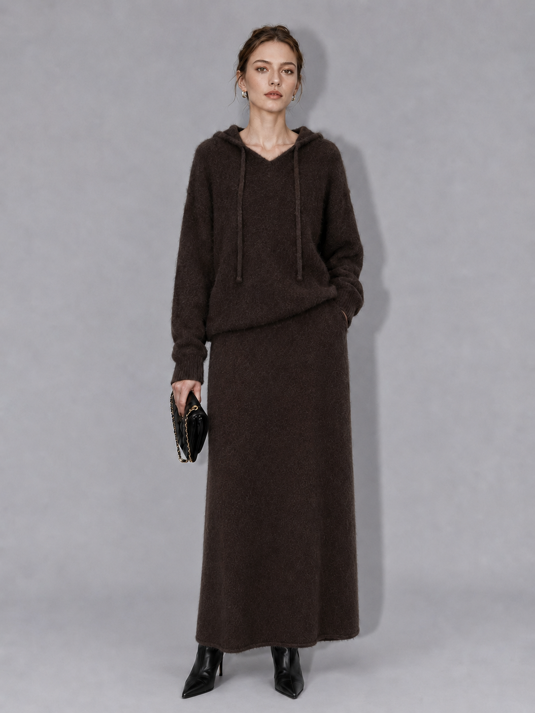 Womens Knit Hoodie and Maxi Skirt Set Long Sleeve Drawstring Sweater Two Piece Ladies Autumn Winter Knitted Outfit Suit