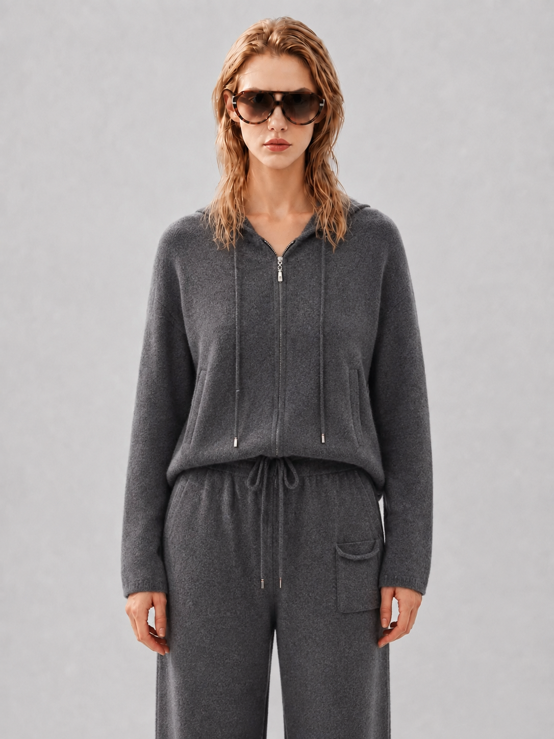 Women Knit Two Piece Set Zip Up Hoodie Cardigan and Drawstring Wide Leg Pants Grey Tracksuit Lounge Outfit Suit