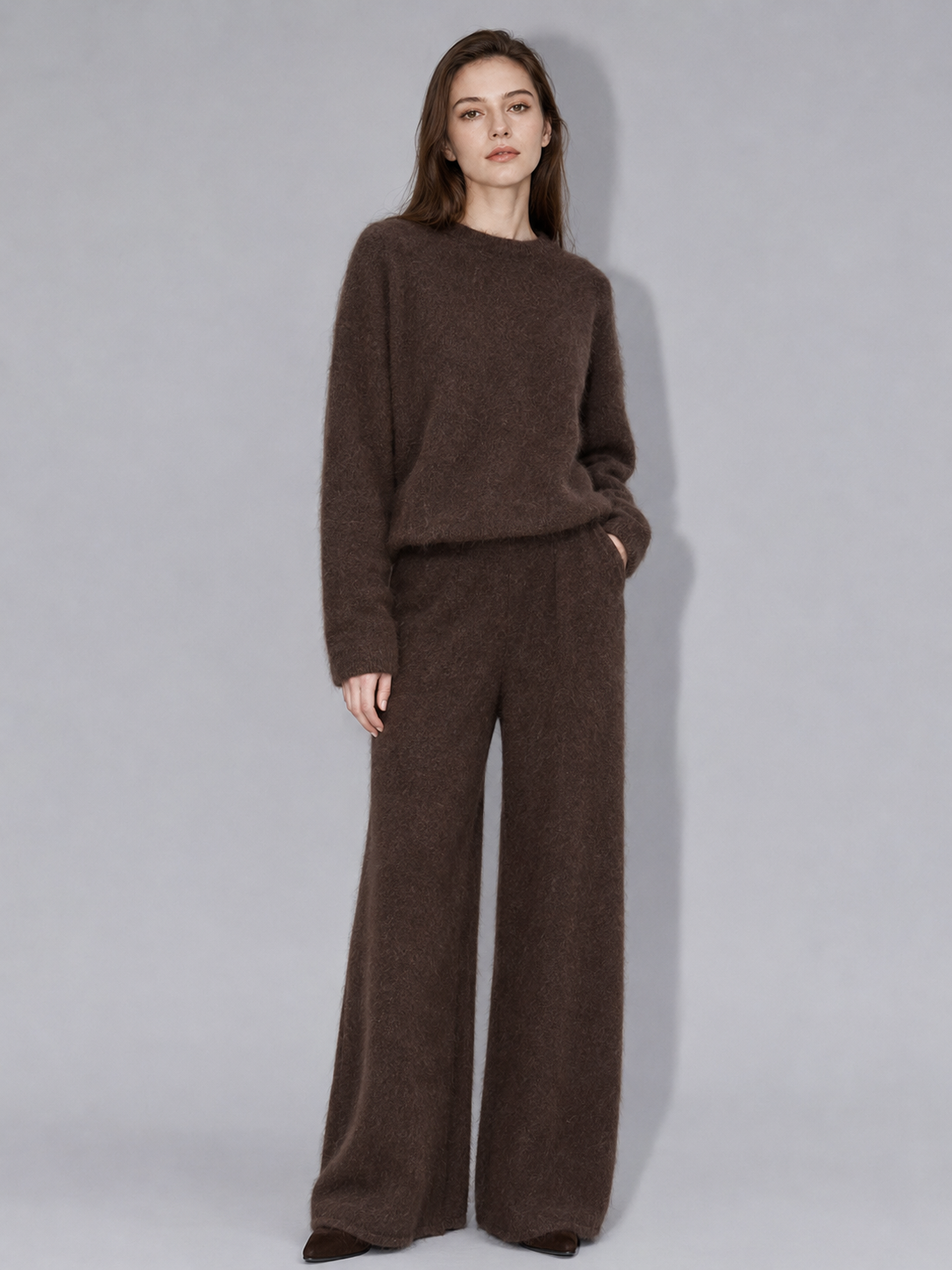 Womens Knit Sweater and Wide Leg Pants Set Round Neck Pullover Drawstring Trousers Ladies Autumn Winter Two Piece Knitwear