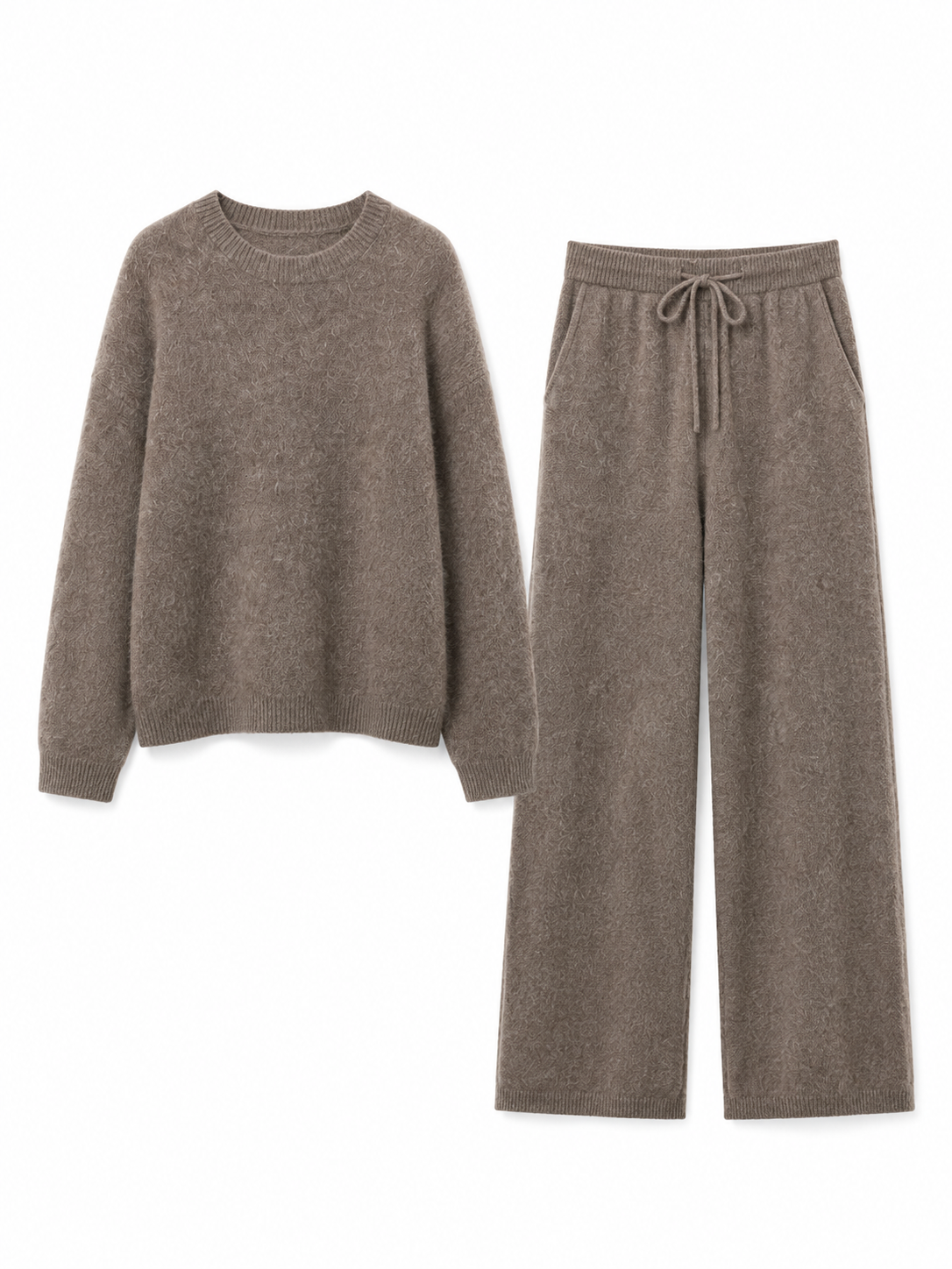 Womens Knit Sweater and Wide Leg Pants Set Round Neck Pullover Drawstring Trousers Ladies Autumn Winter Two Piece Knitwear