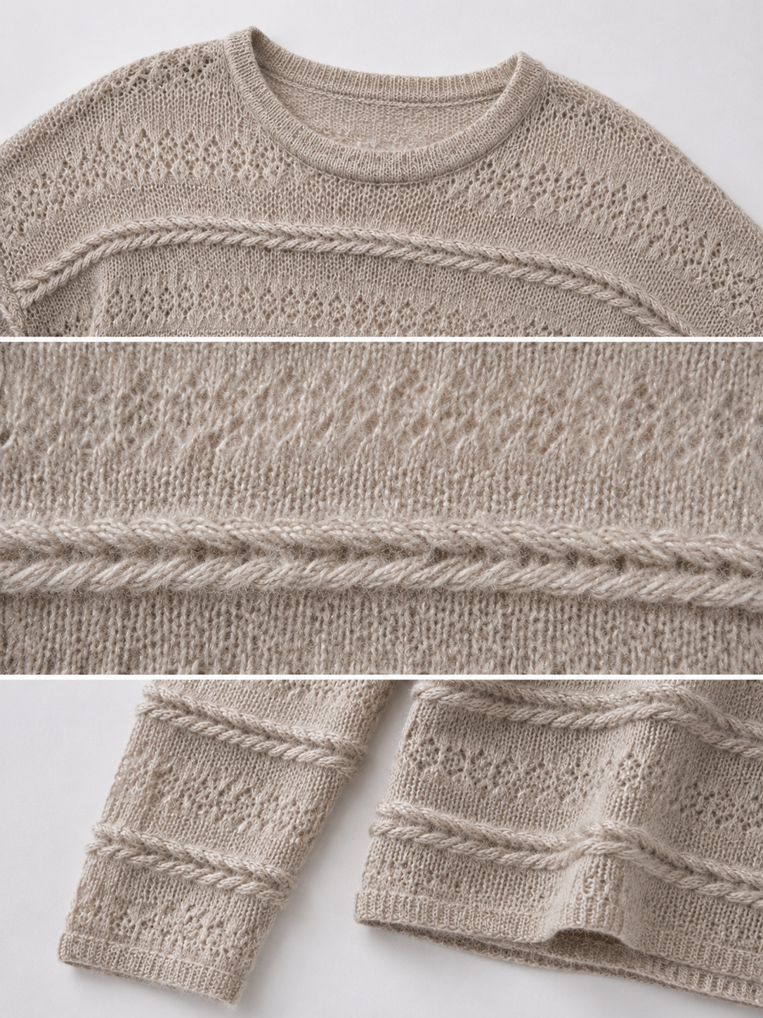 Quiet Luxury Pointelle Knit Sweater Women Oatmeal Hollow Out Striped Mohair Blend Crew Neck Loose Fit Pullover Jumper