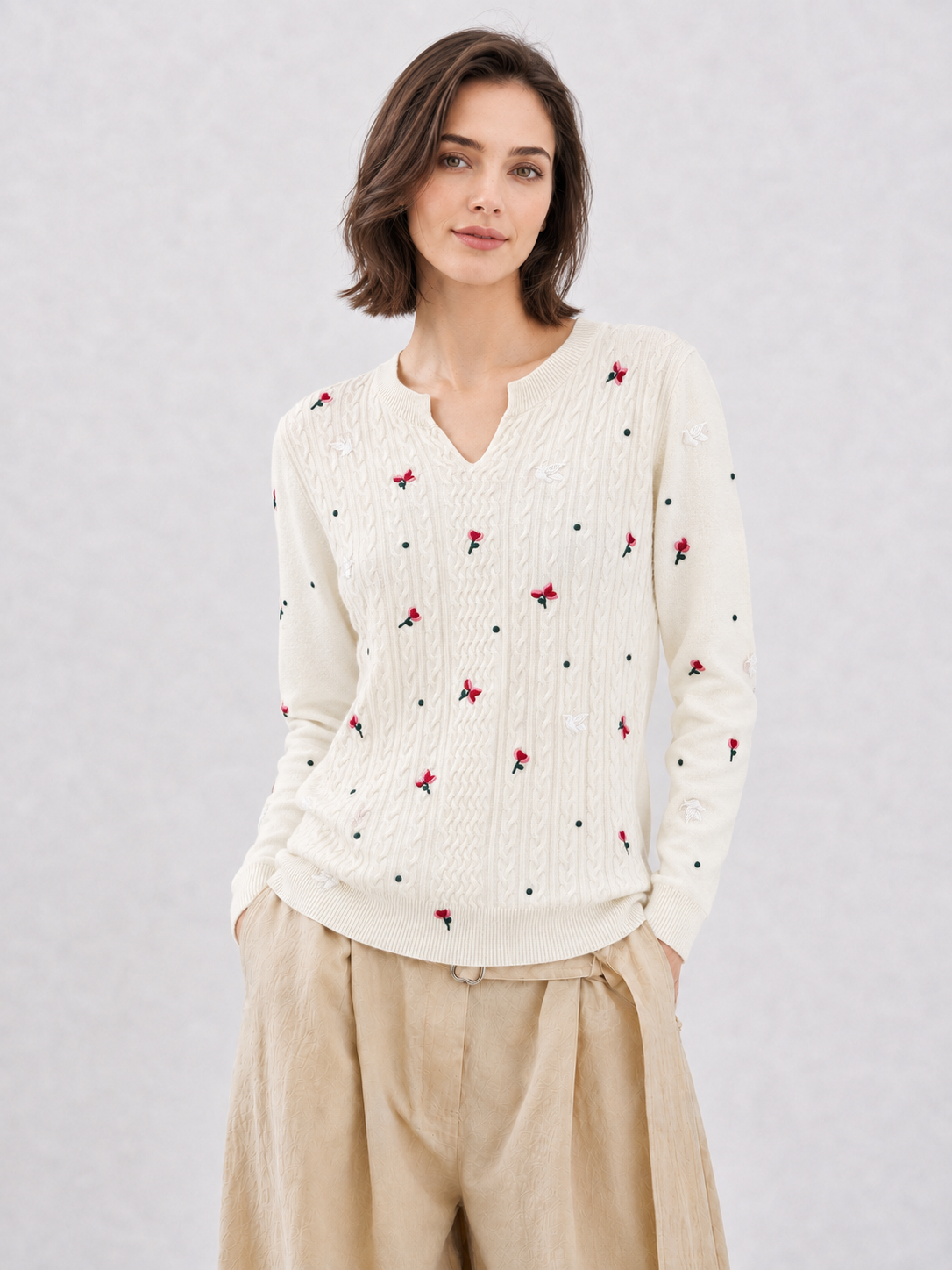 Womens Floral Embroidered Cable Knit Sweater Notch V Neck Pullover Ivory Ladies Jumper Autumn Winter Knitwear Top