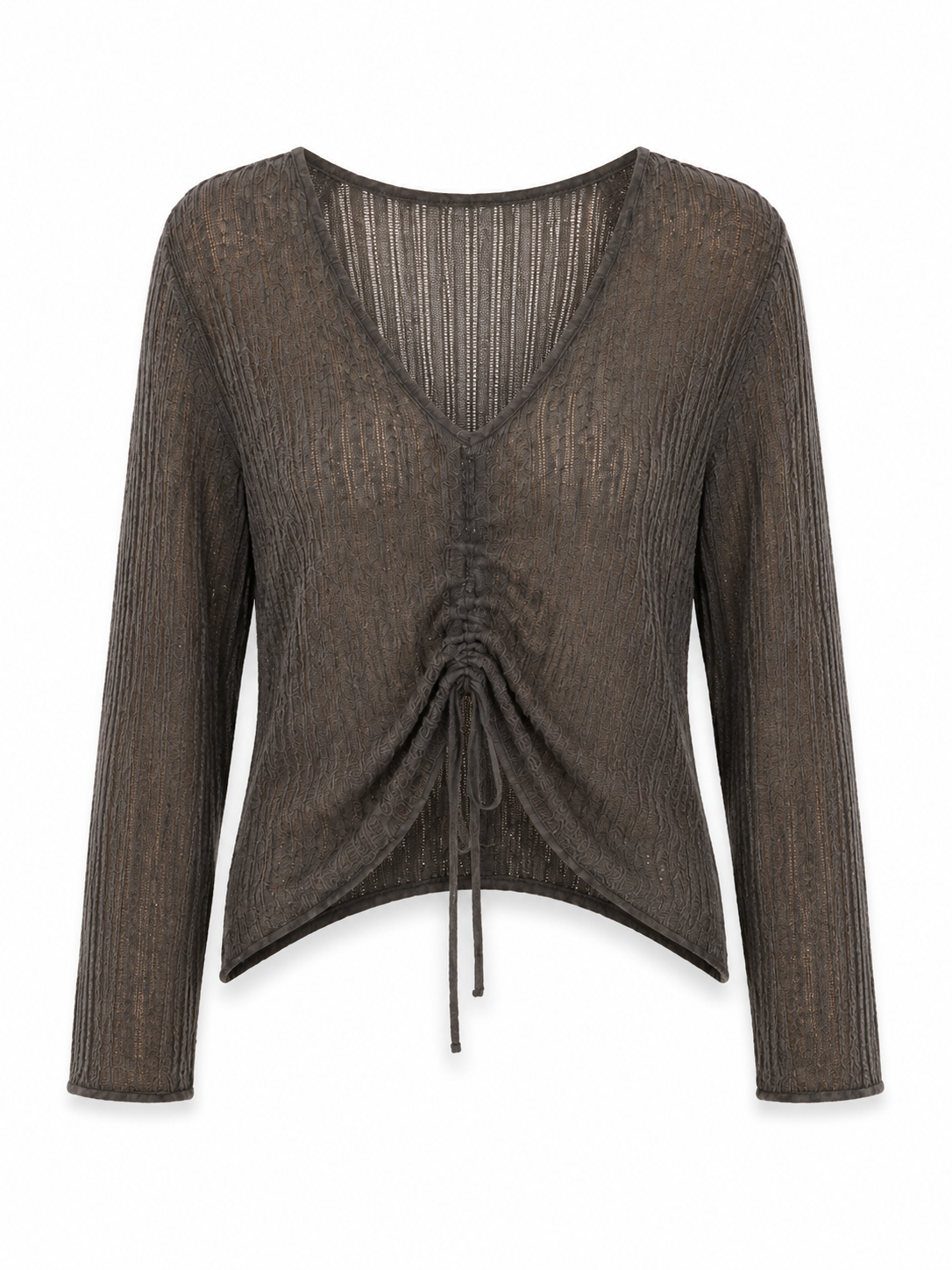 Women Drawstring Ruched Knit Top V Neck Flare Bell Sleeve Sheer Ribbed Sweater Slim Fit Pullover Charcoal Grey Crop Top
