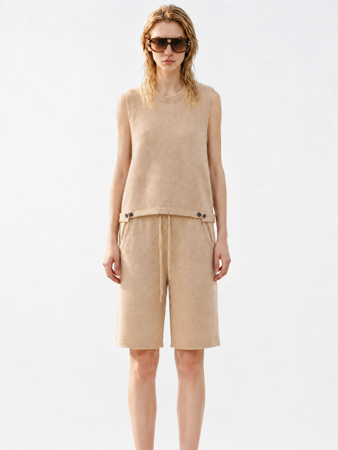 Women Knit Two Piece Set Sleeveless Tank Top and Drawstring Bermuda Shorts Beige Casual Lounge Outfit for Summer