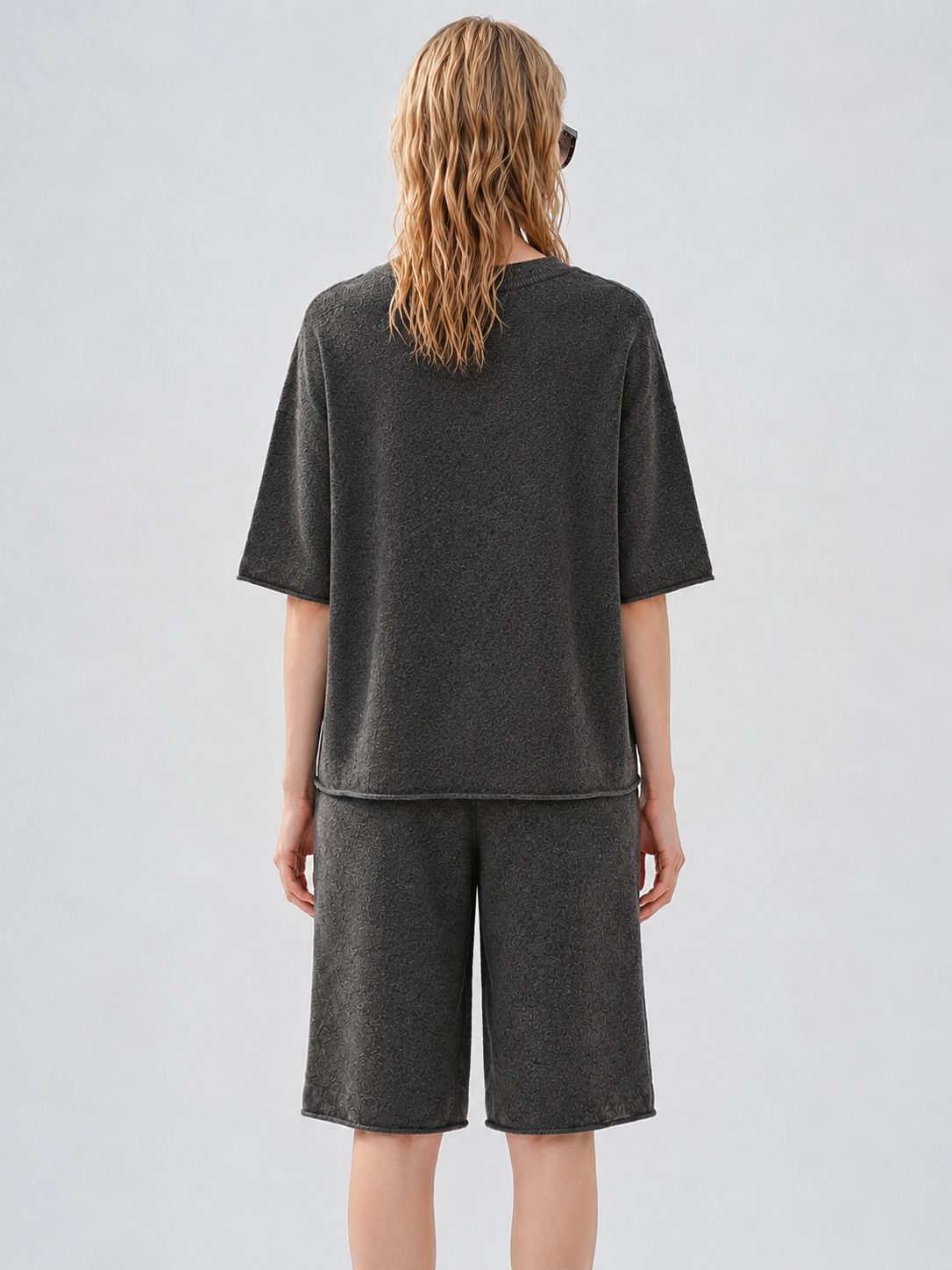 Women Knit Two Piece Set Short Sleeve Crew Neck Sweater and Wide Leg Bermuda Shorts Dark Grey Lounge Outfit Suit