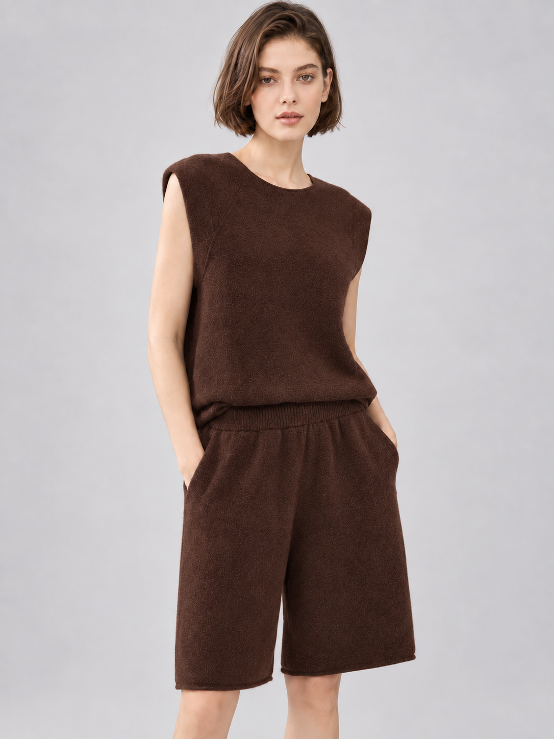 Women Two Piece Knit Set Sleeveless Crew Neck Sweater Vest and Loose Bermuda Shorts Casual Matching Outfit