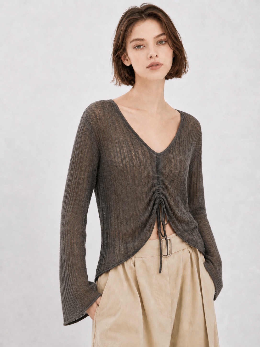 Women Drawstring Ruched Knit Top V Neck Flare Bell Sleeve Sheer Ribbed Sweater Slim Fit Pullover Charcoal Grey Crop Top