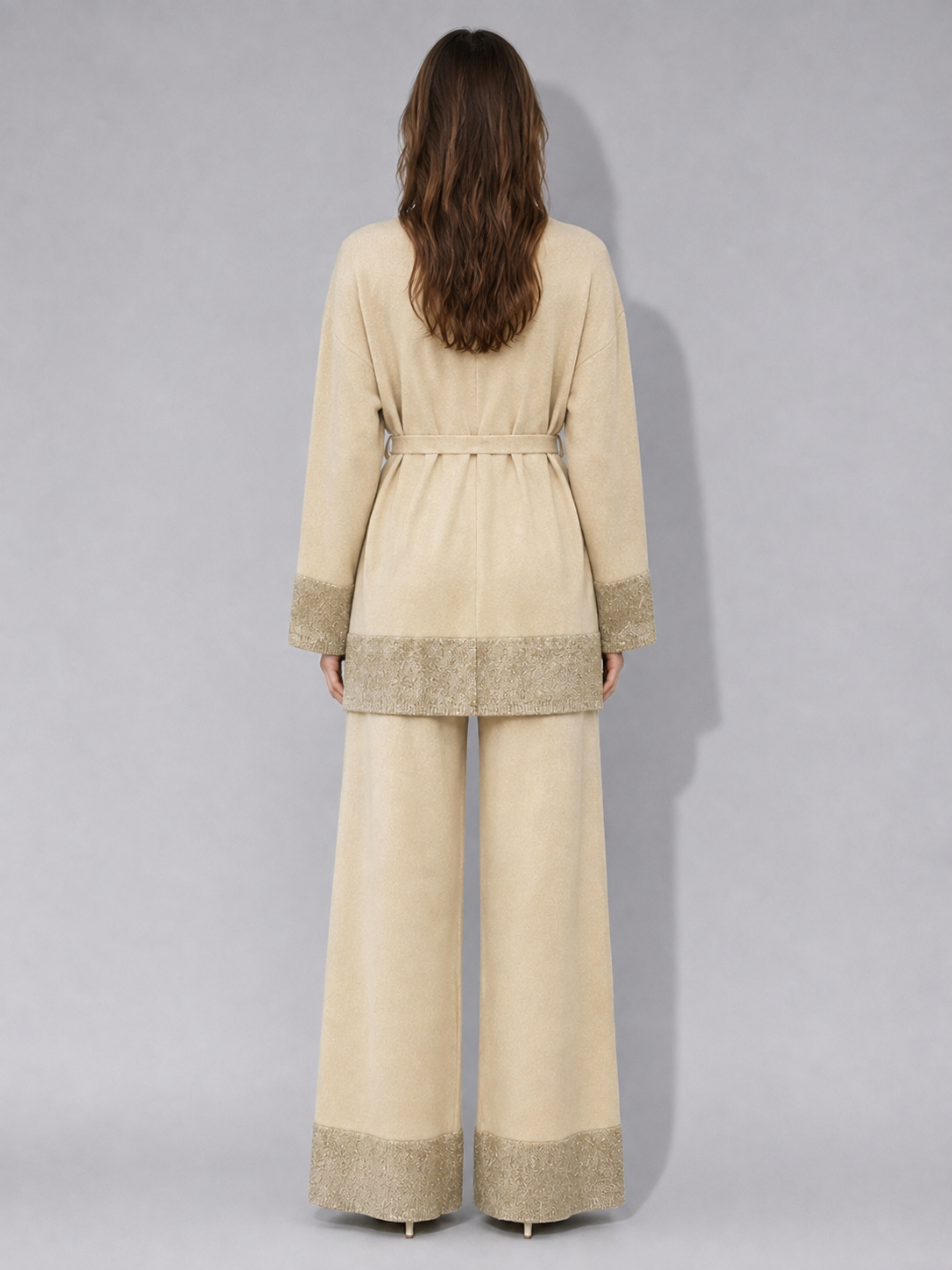 High-quality fashionable casual style solid-color knitted V-neck drawstring wool three-piece set (for ladies)