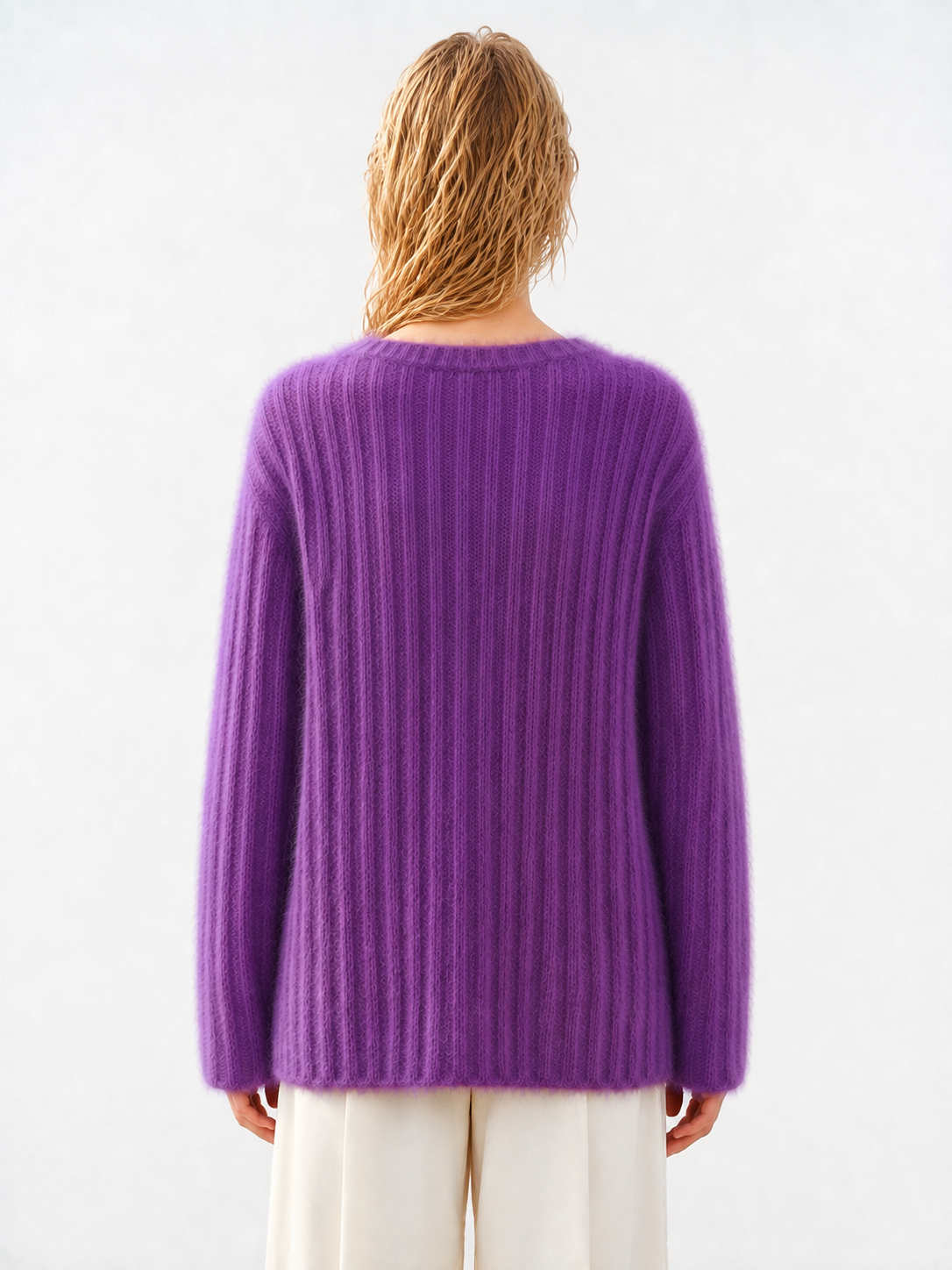 Women Sweater Purple Ribbed Knit Pullover Ladies Crew Neck Fluffy Oversized Jumper Autumn Winter Knitwear