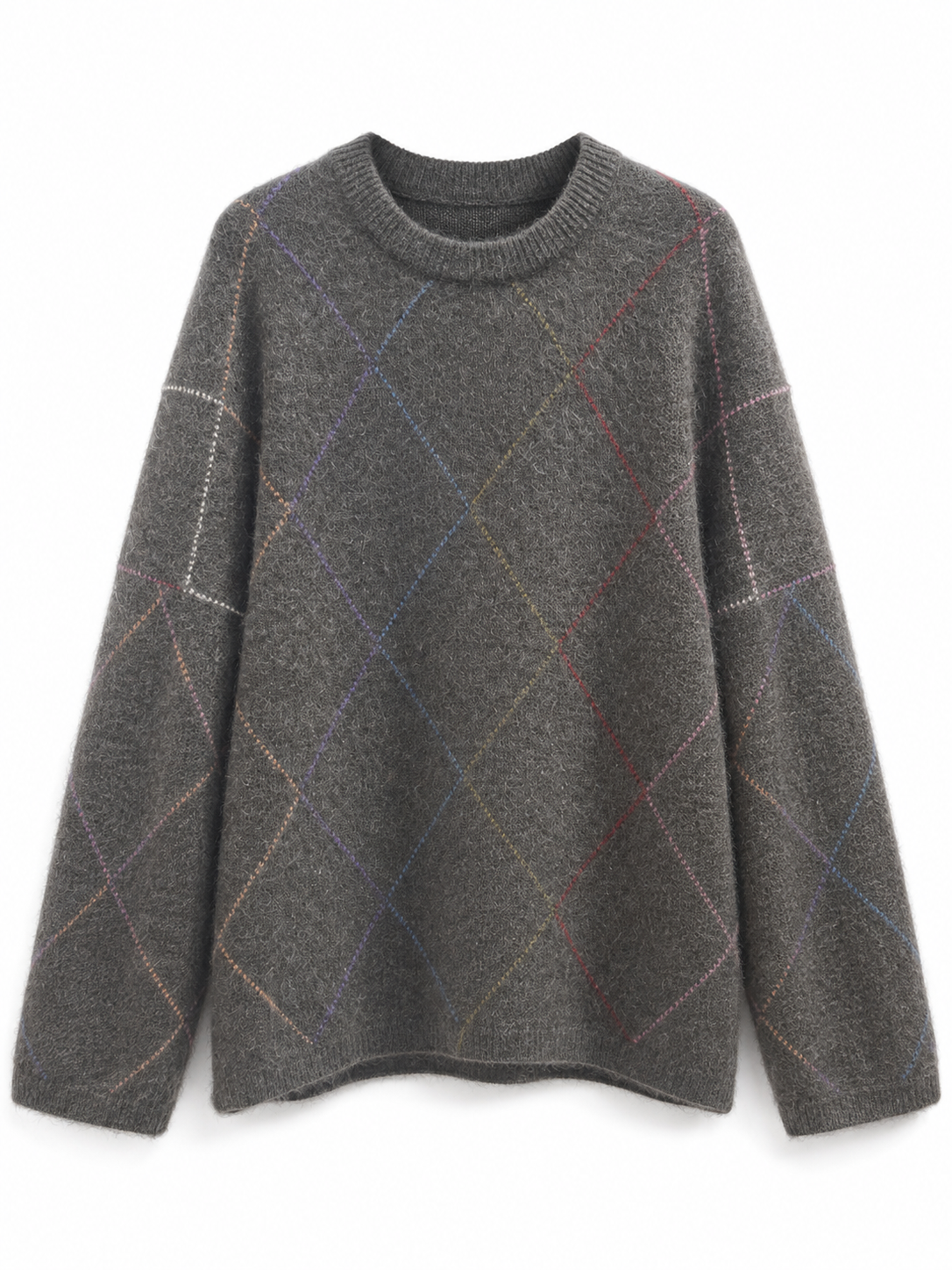 Womens Argyle Knit Sweater and Wide Leg Pants Set Round Neck Jacquard Pullover Ladies Autumn Winter Two Piece Knitwear