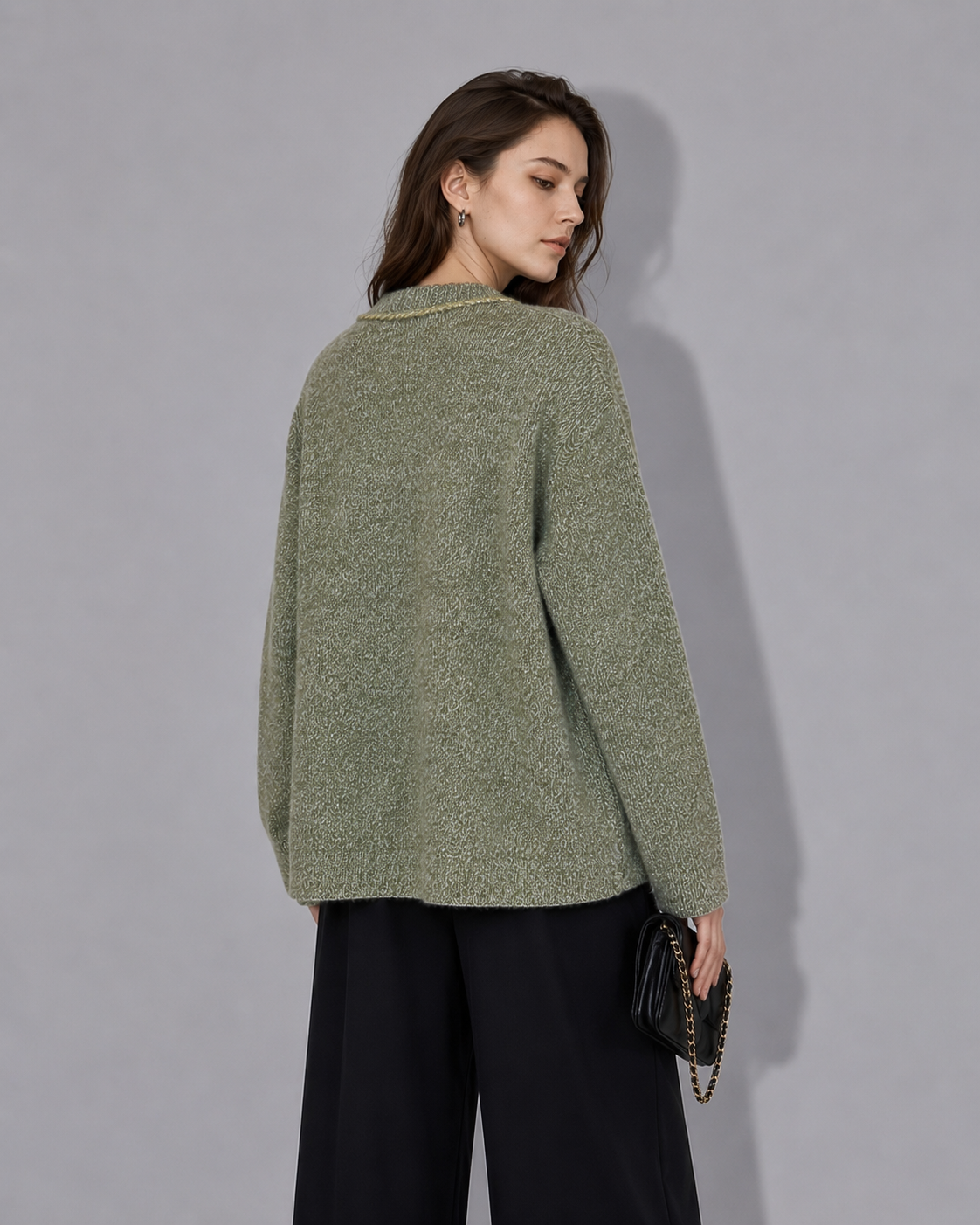 Luxury Wool Cardigan Sweater – Olive Green Minimalist Knit Jacket with Vintage Button Detail	